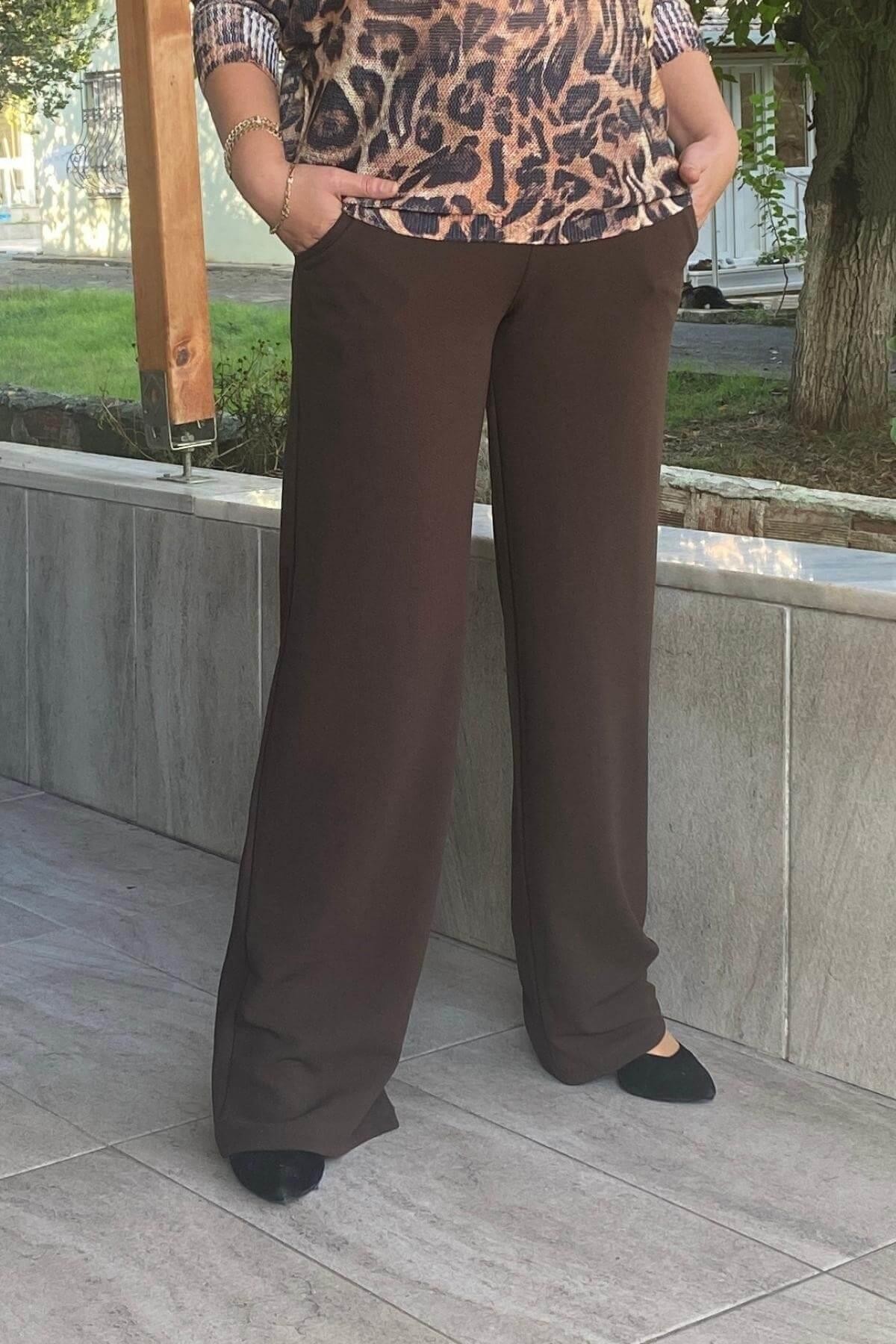 Kadın Kahve Krep Korsaj Bol  Paca Toparlaycı Pantolon