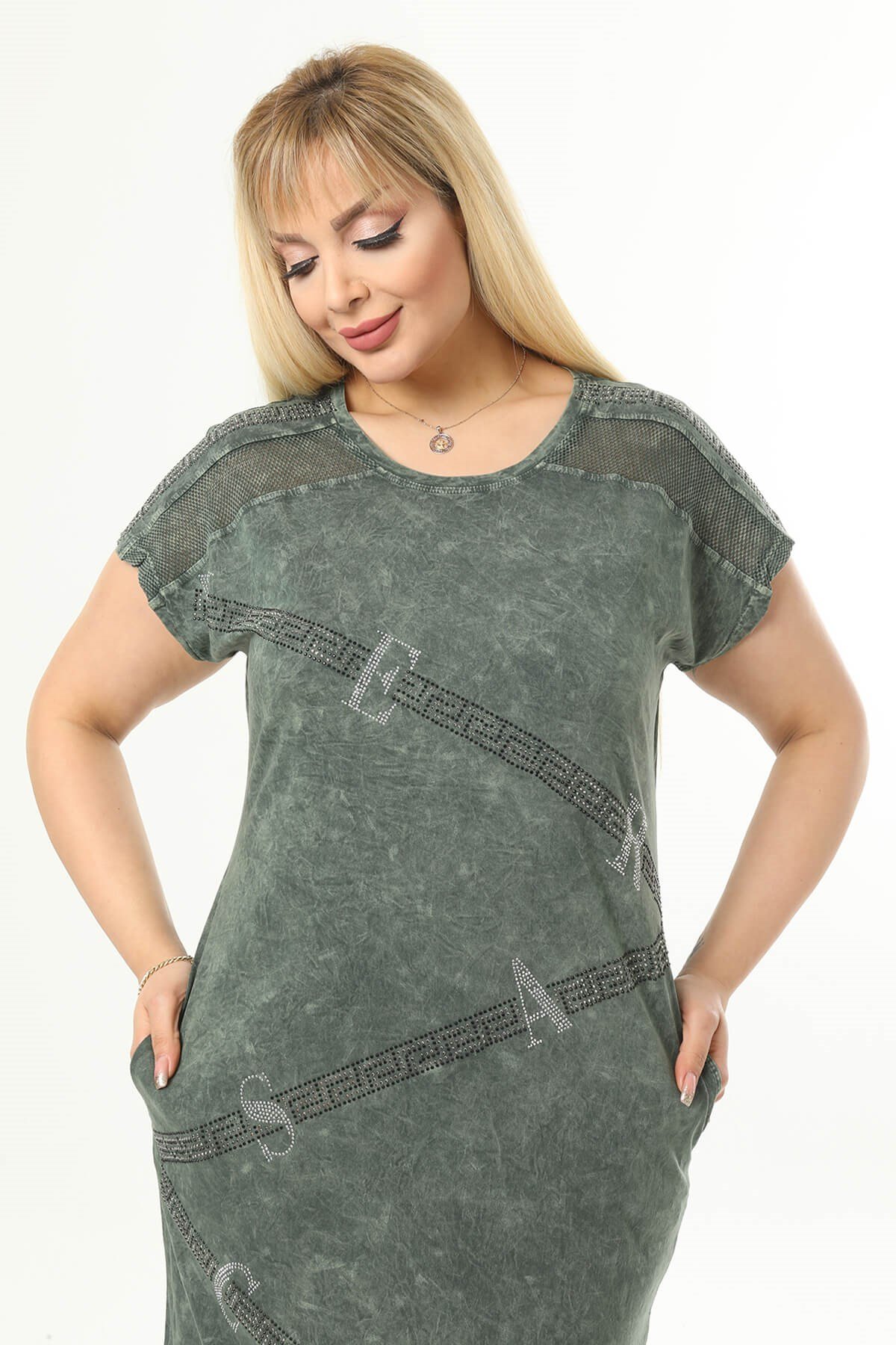 Büyük Beden Haki Gizli Cep Detaylı Elbise