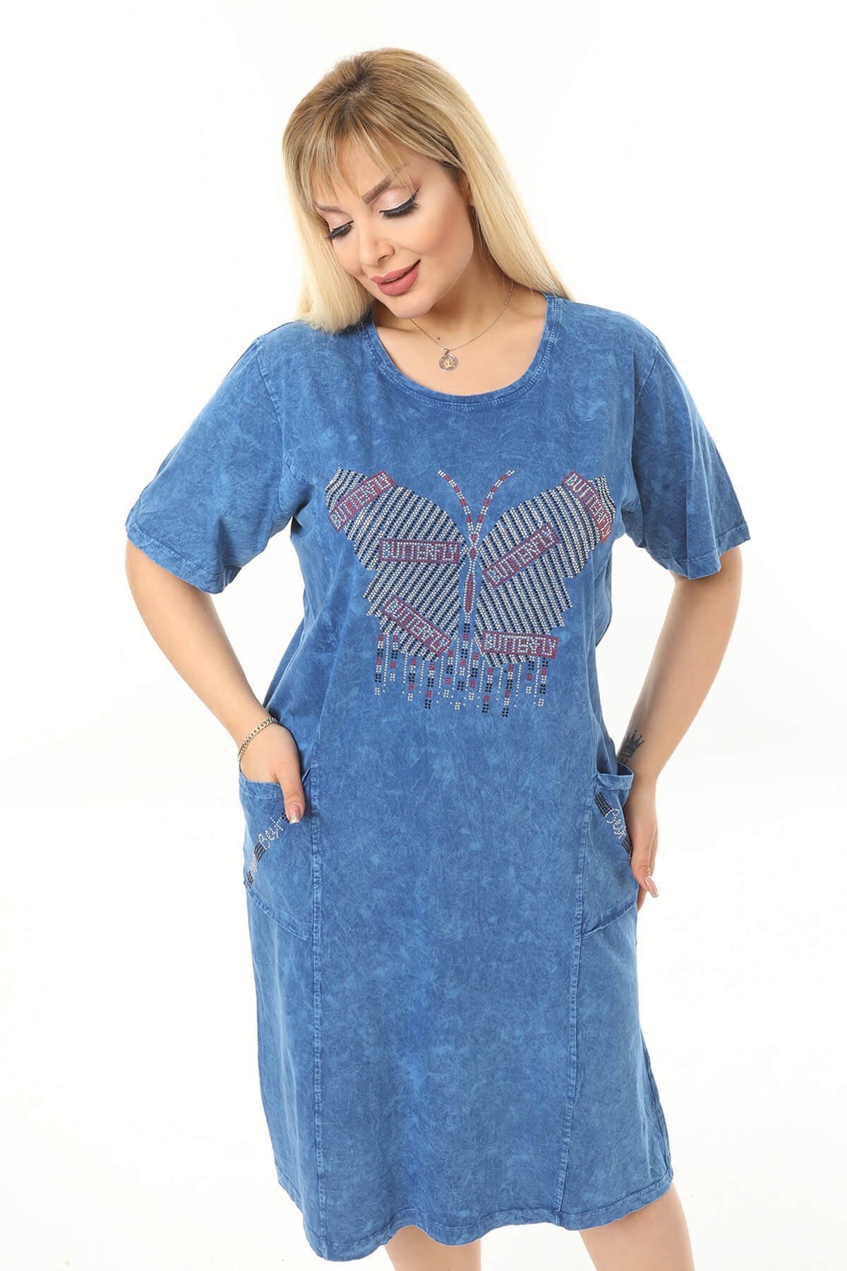 Büyük Beden Mavi Kelebek Taslı Elbise