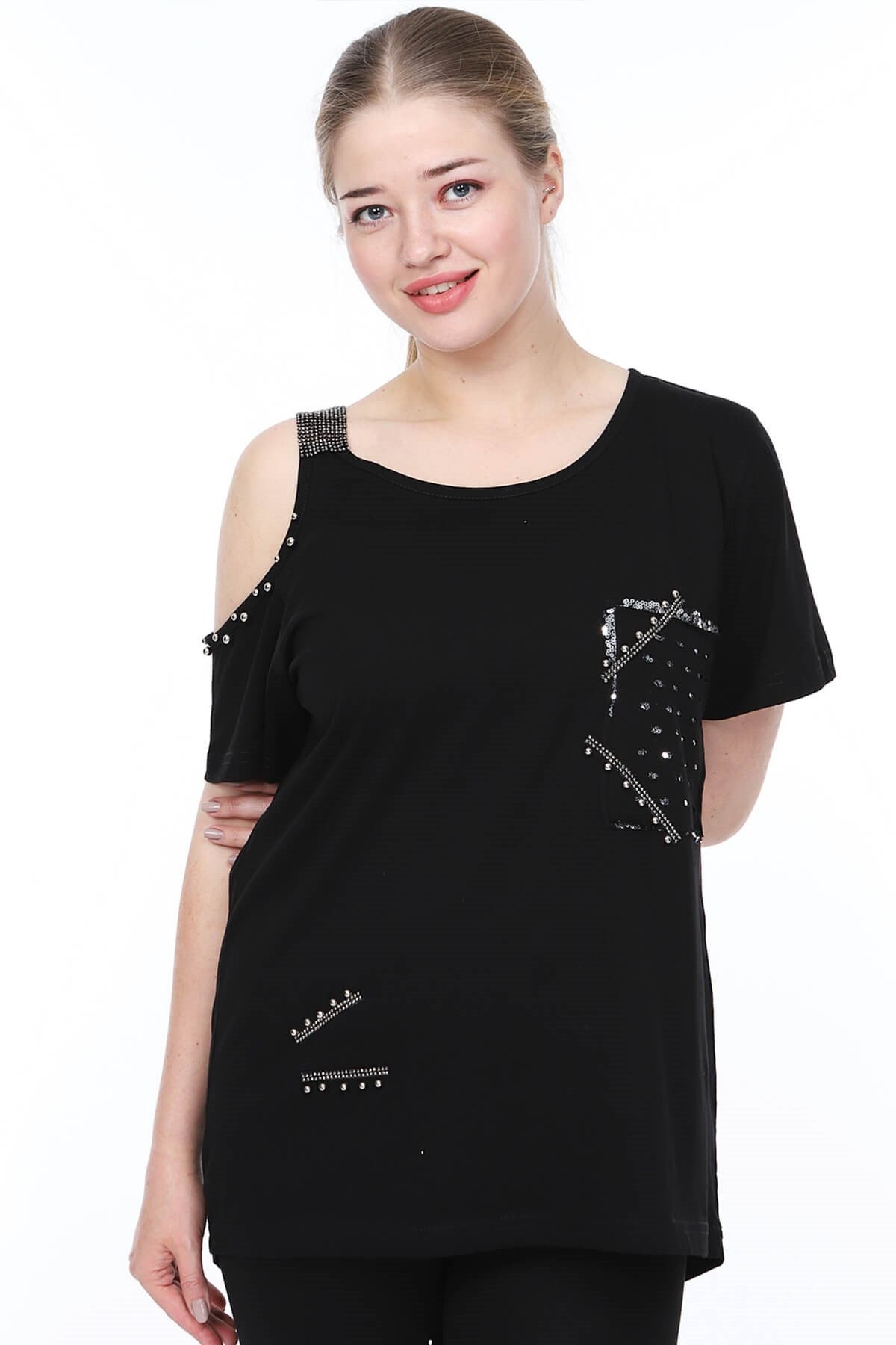 Büyük Beden Siyah Omuz Detaylı Tshirt