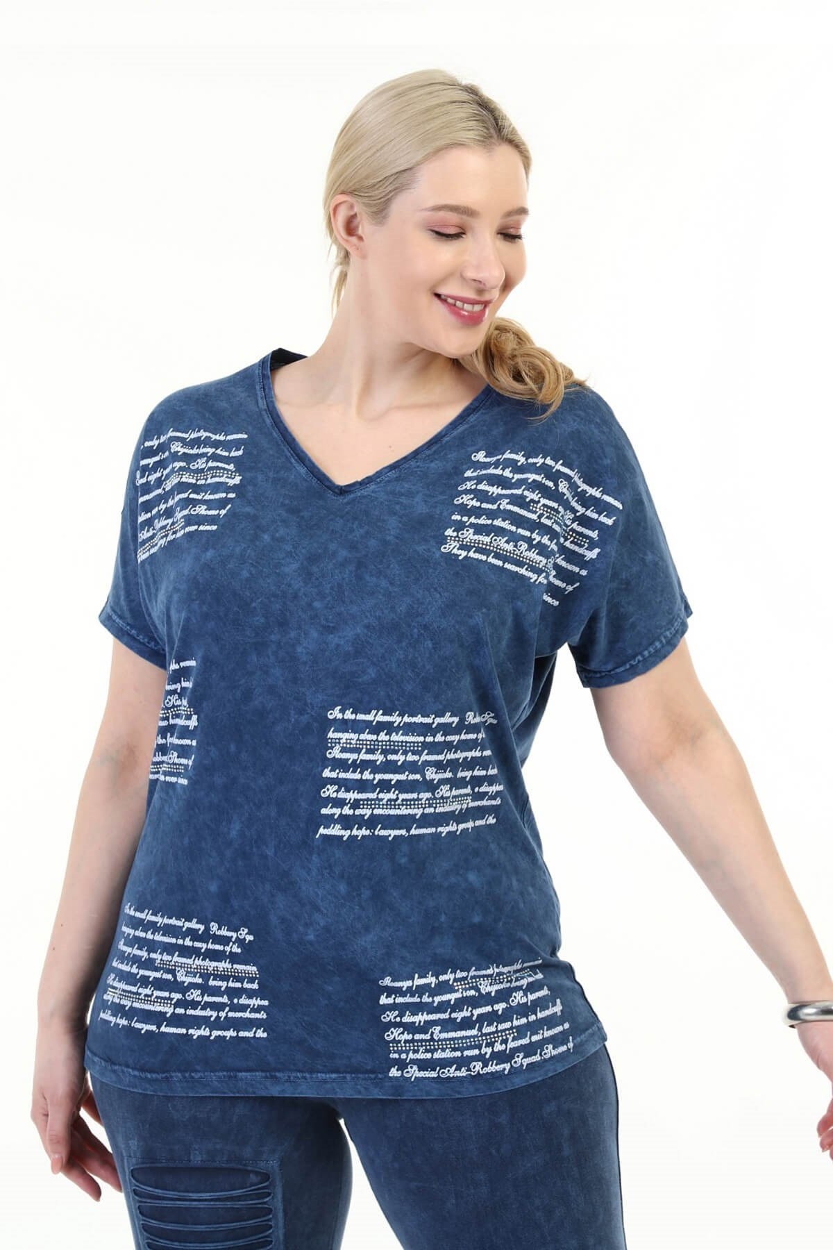 Büyük Beden İtalyan Yıkamalı Lacivert Yarasa Kol Tshirt