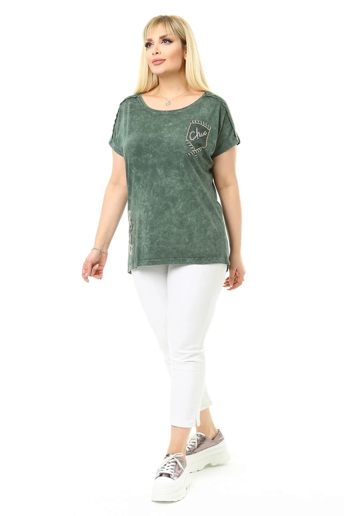 Büyük Beden Haki Omuzları Dantel Detaylı Bluz