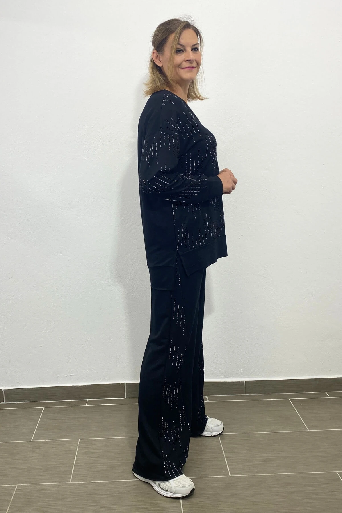 Büyük Beden Siyah Taş İşlemeli V Yaka Eşortman Takım