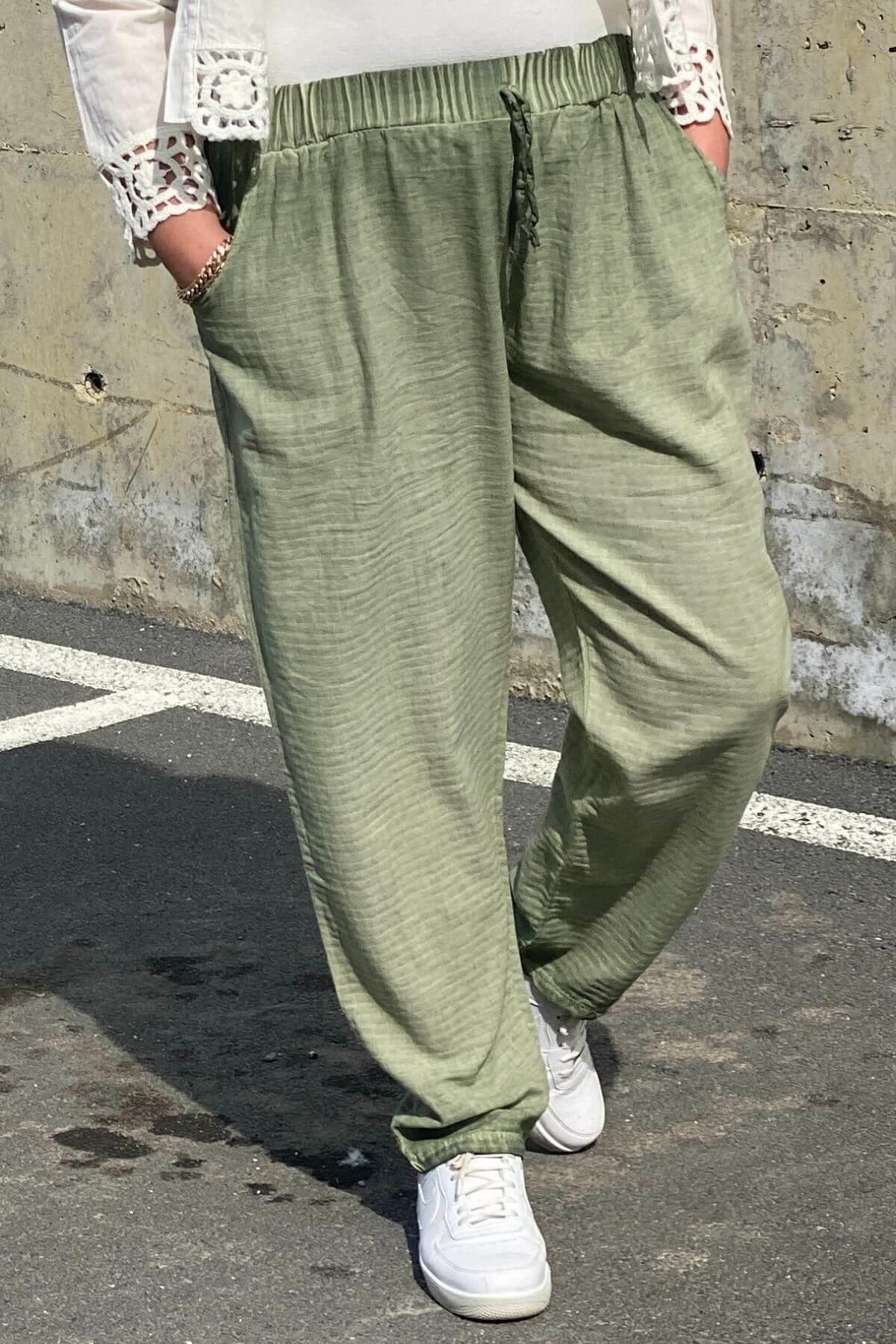 Büyük Beden Yeşil Beli Lastikli Keten Pantolon