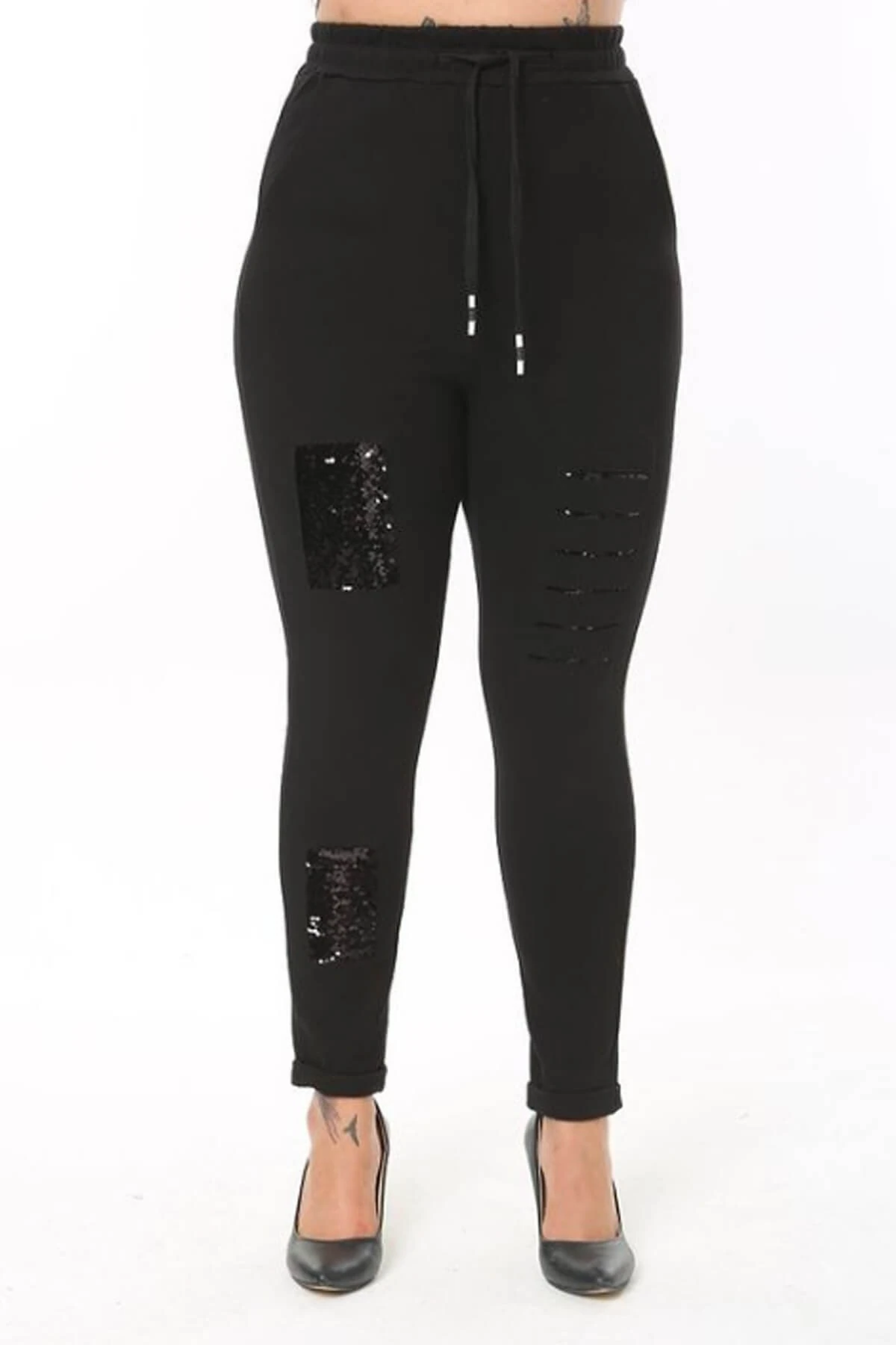 Büyük Beden Siyah Pul Paletli Detaylı Pantolon