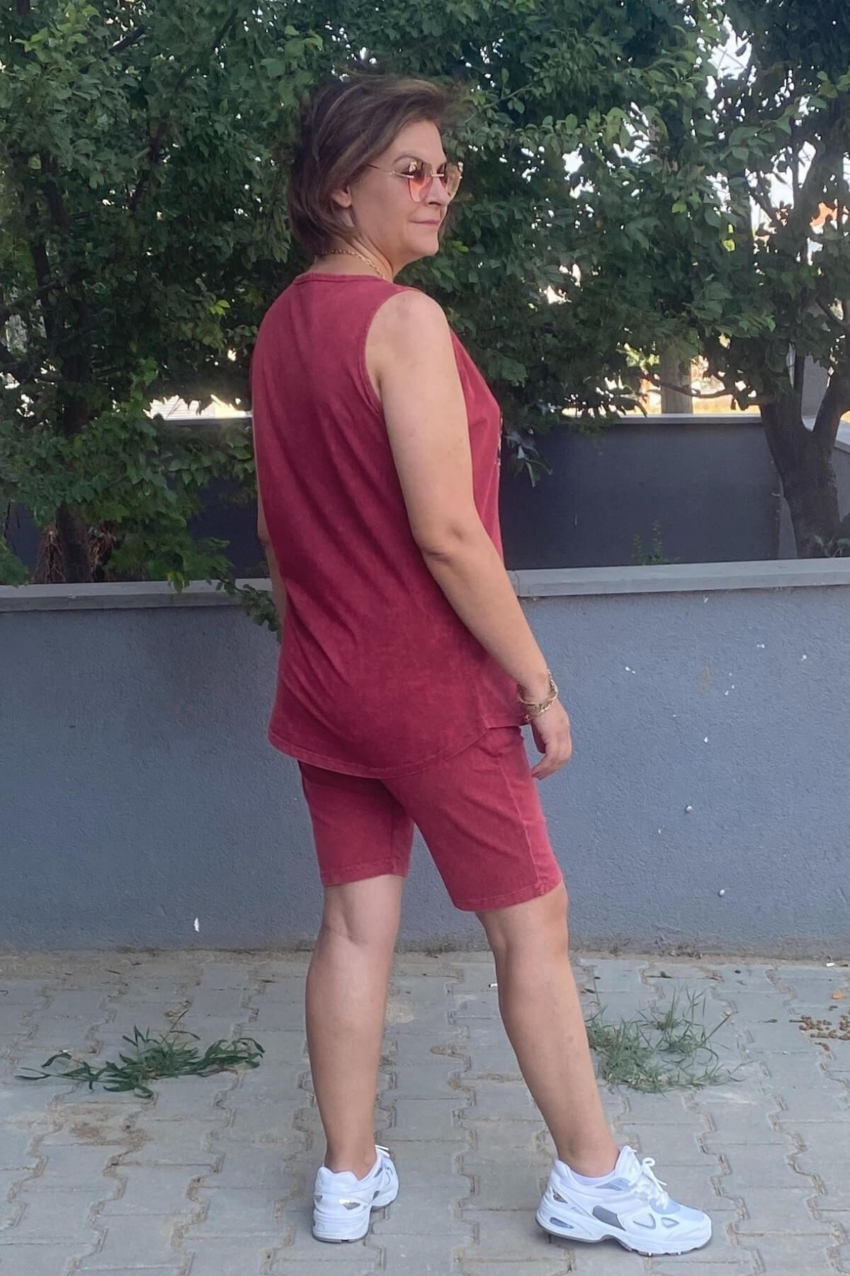 Büyük Beden Bordo Gümüş Şort Takım