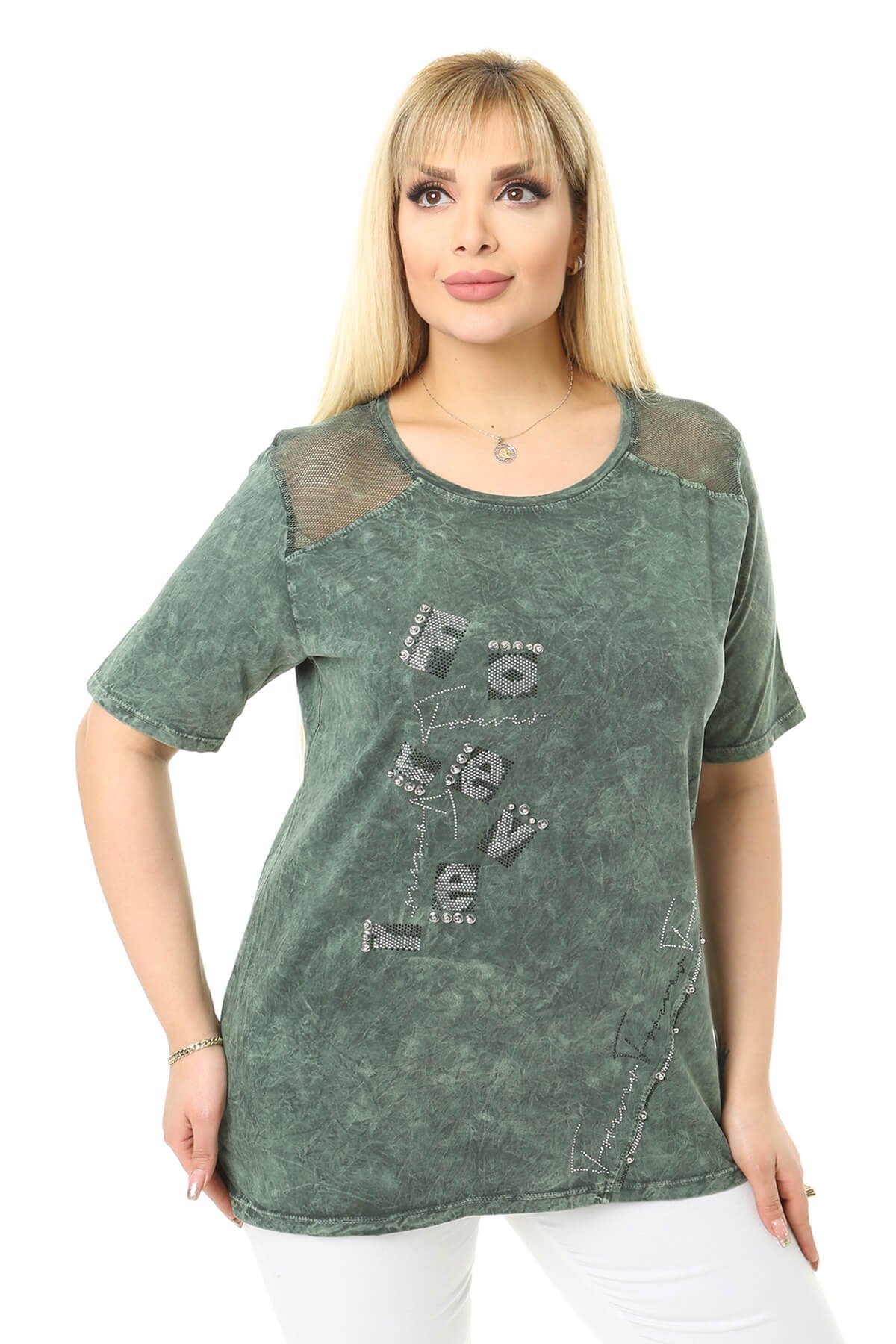 Büyük Beden Haki Omuzları File Detaylı Bluz