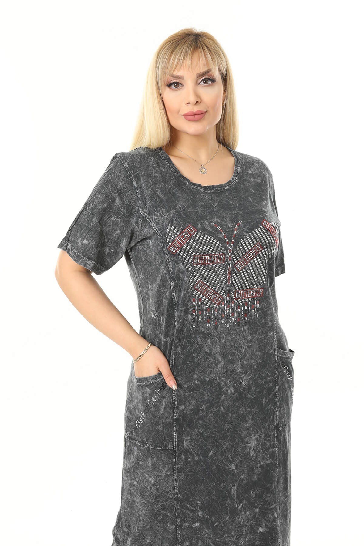 Büyük Beden Füme Kelebek Taslı Elbise