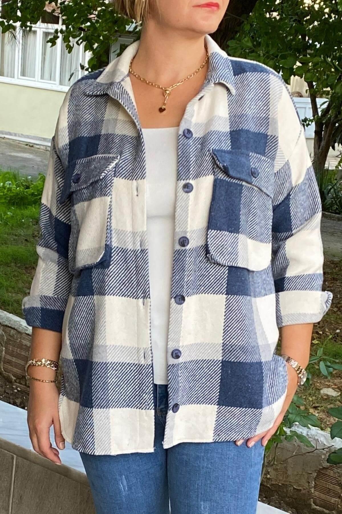 Kadın Lacivert Oduncu Gömlek Ceket