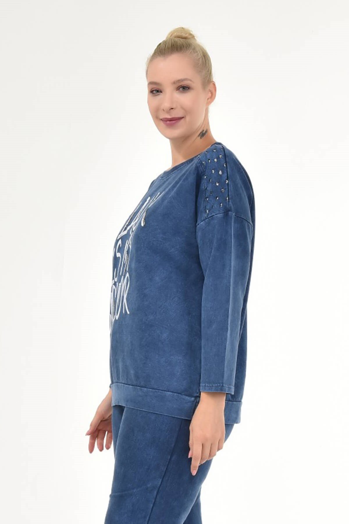 Kadın Büyük Beden İtalyan Yıkamalı Lacivert Yuvarlak Yaka Sweatshirt