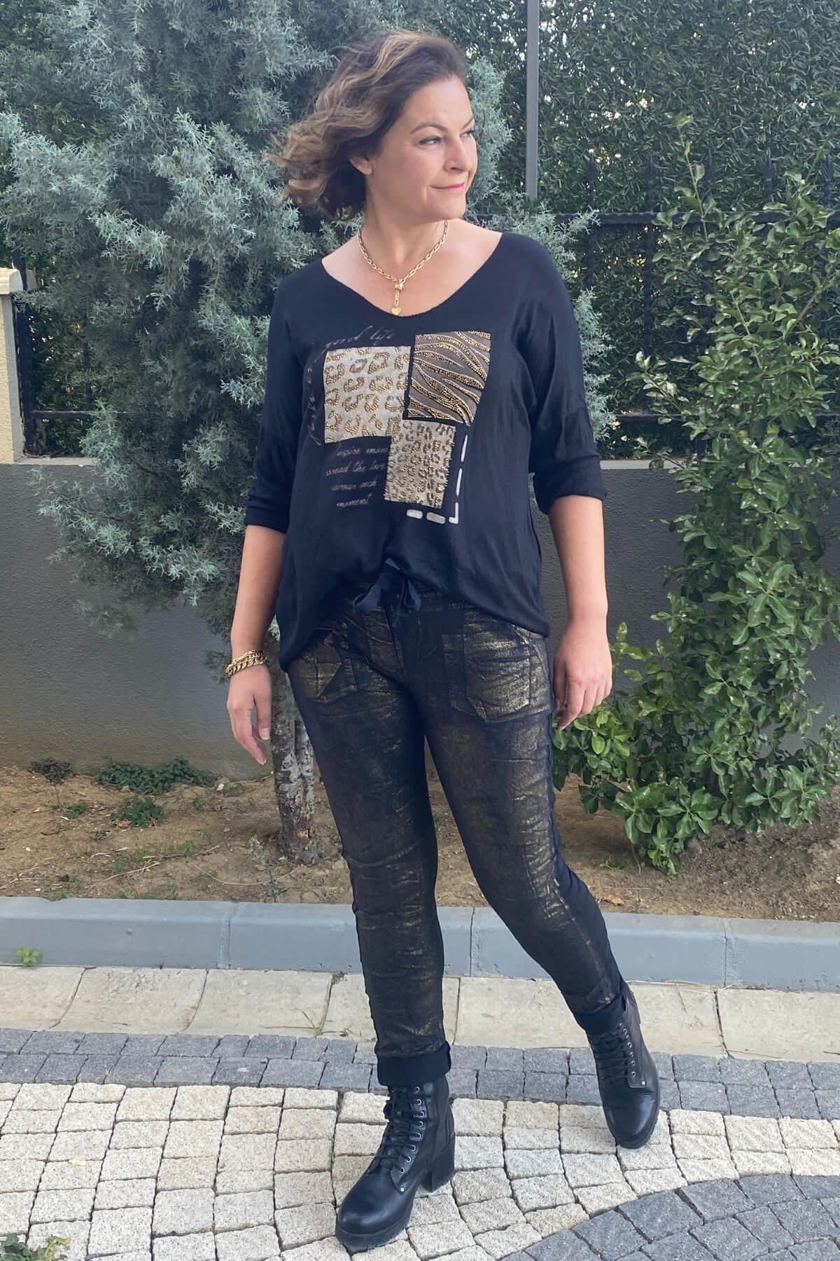 Kadın İtalyan Varak Basklı Siyah Pantolon