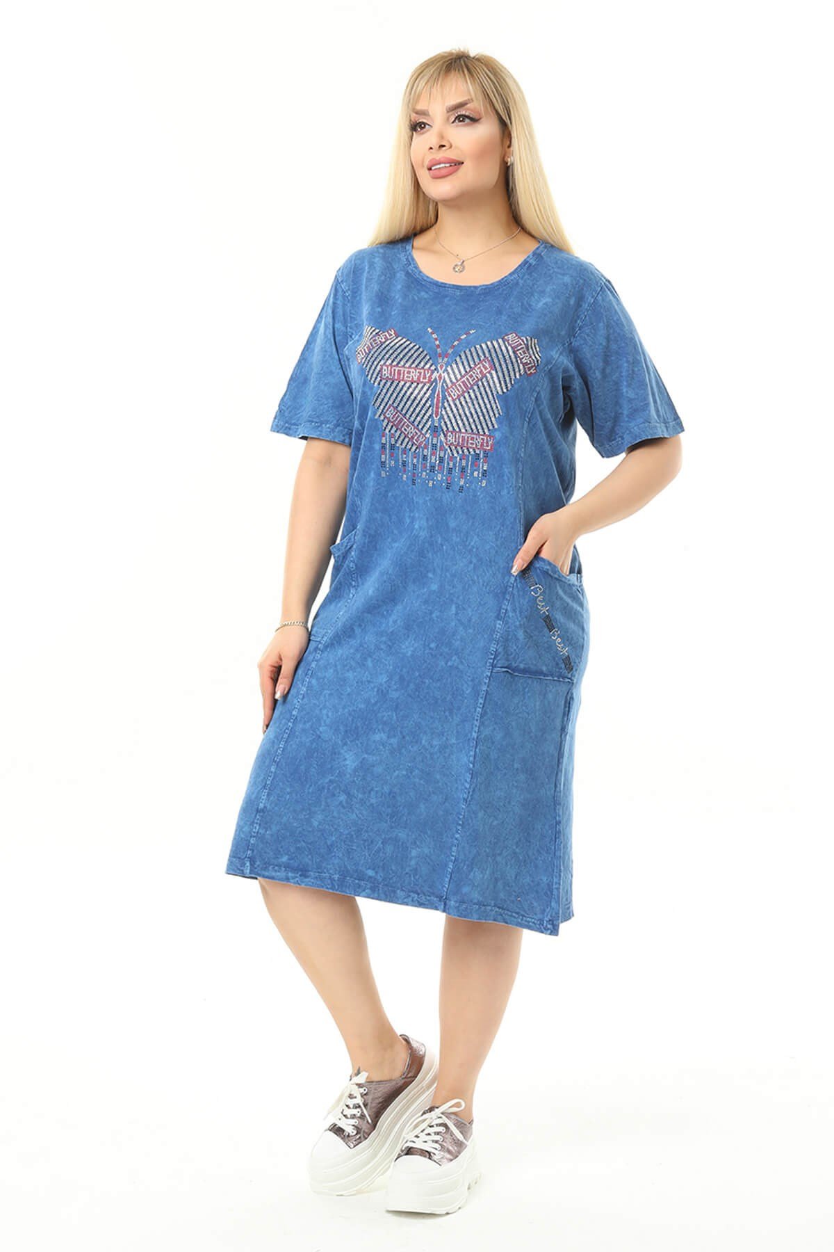 Büyük Beden Mavi Kelebek Taslı Elbise