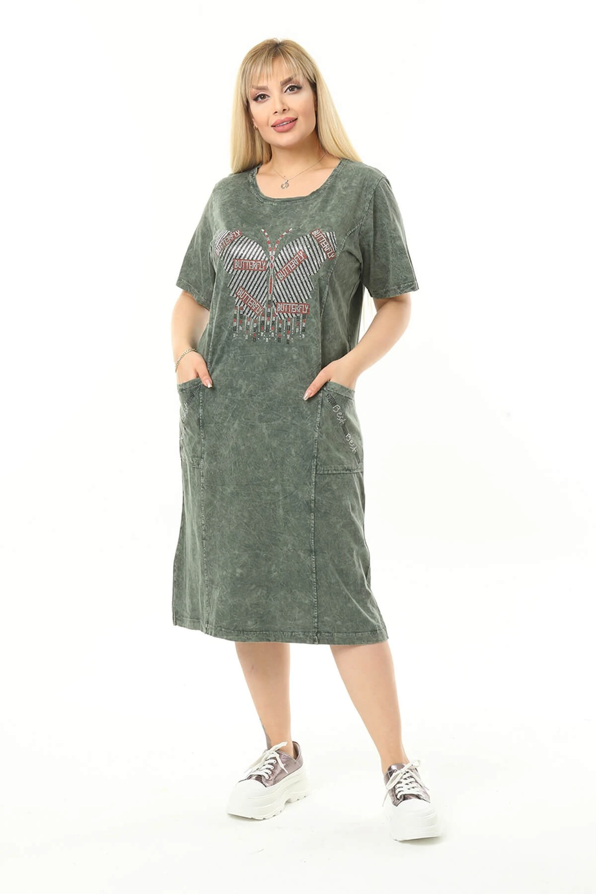 Büyük Beden Haki Kelebek Taslı Elbise