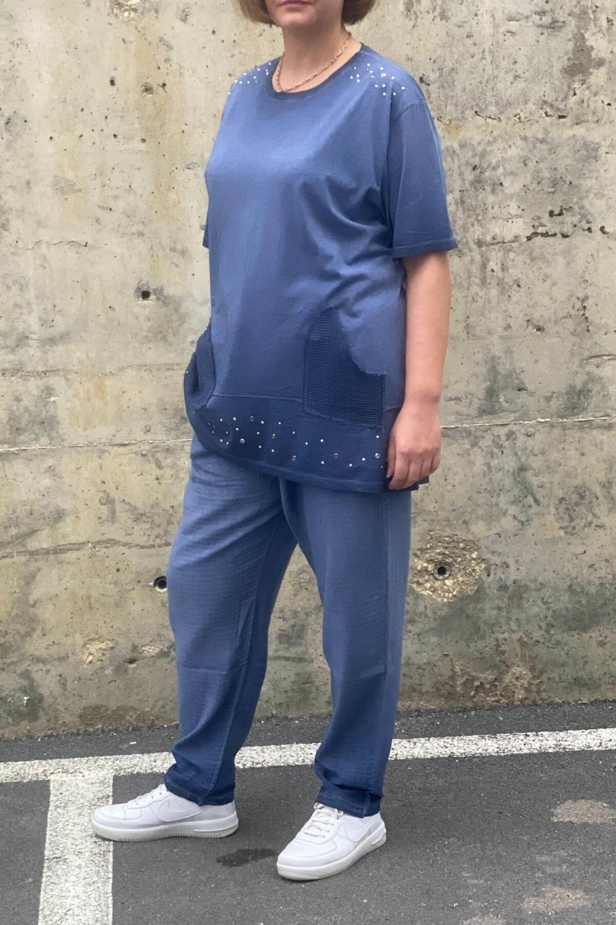 Büyük Beden Verona İndigo Keten Takım