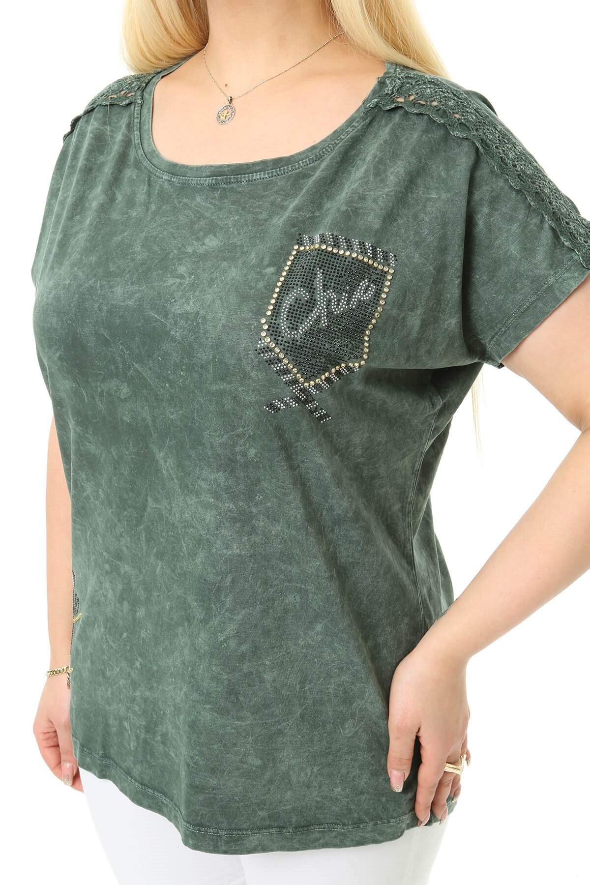 Büyük Beden Haki Omuzları Dantel Detaylı Bluz