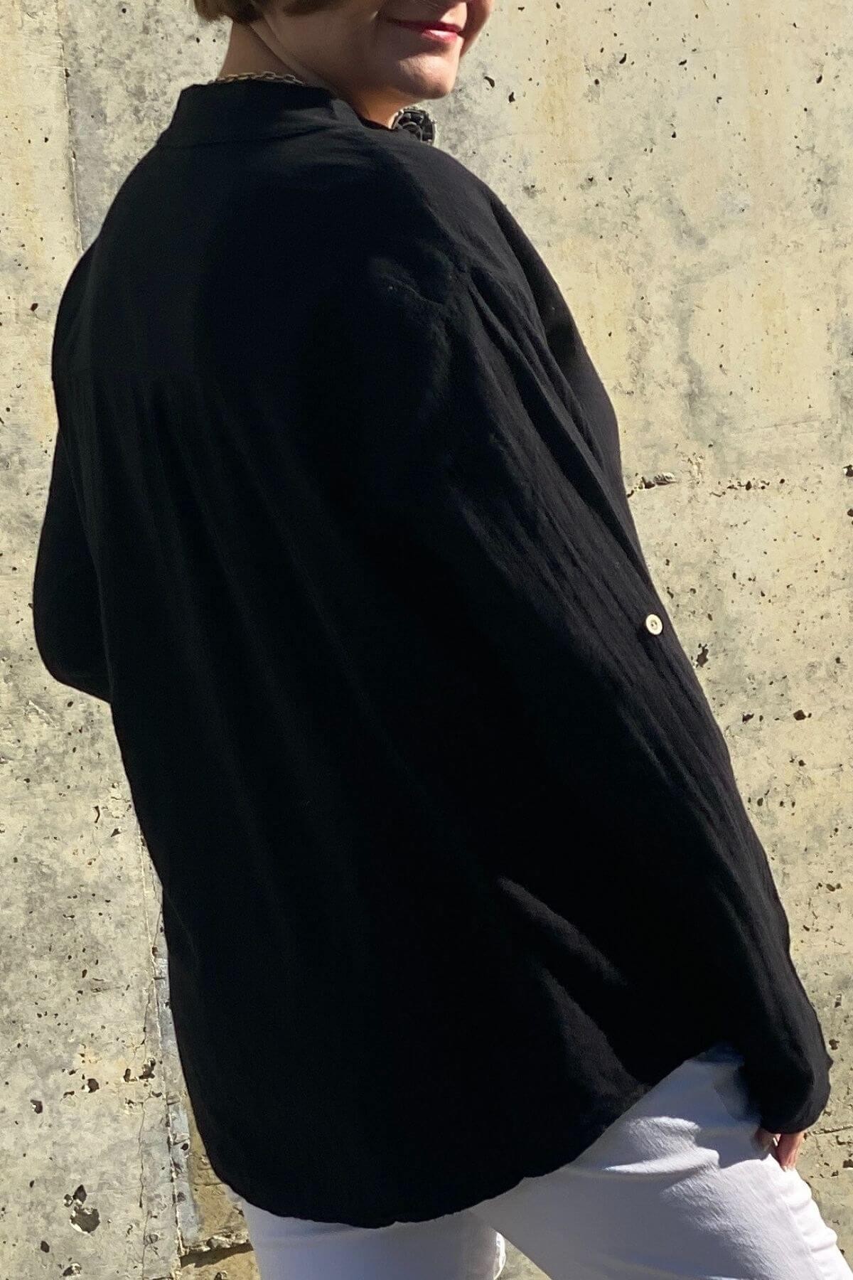 Kadın Siyah Keten Hakim Yaka Bluz