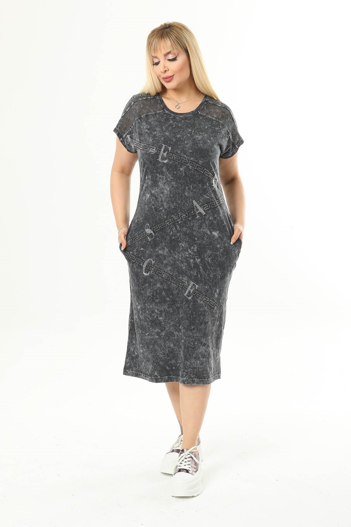 Büyük Beden Füme Gizli Cep Detaylı Elbise