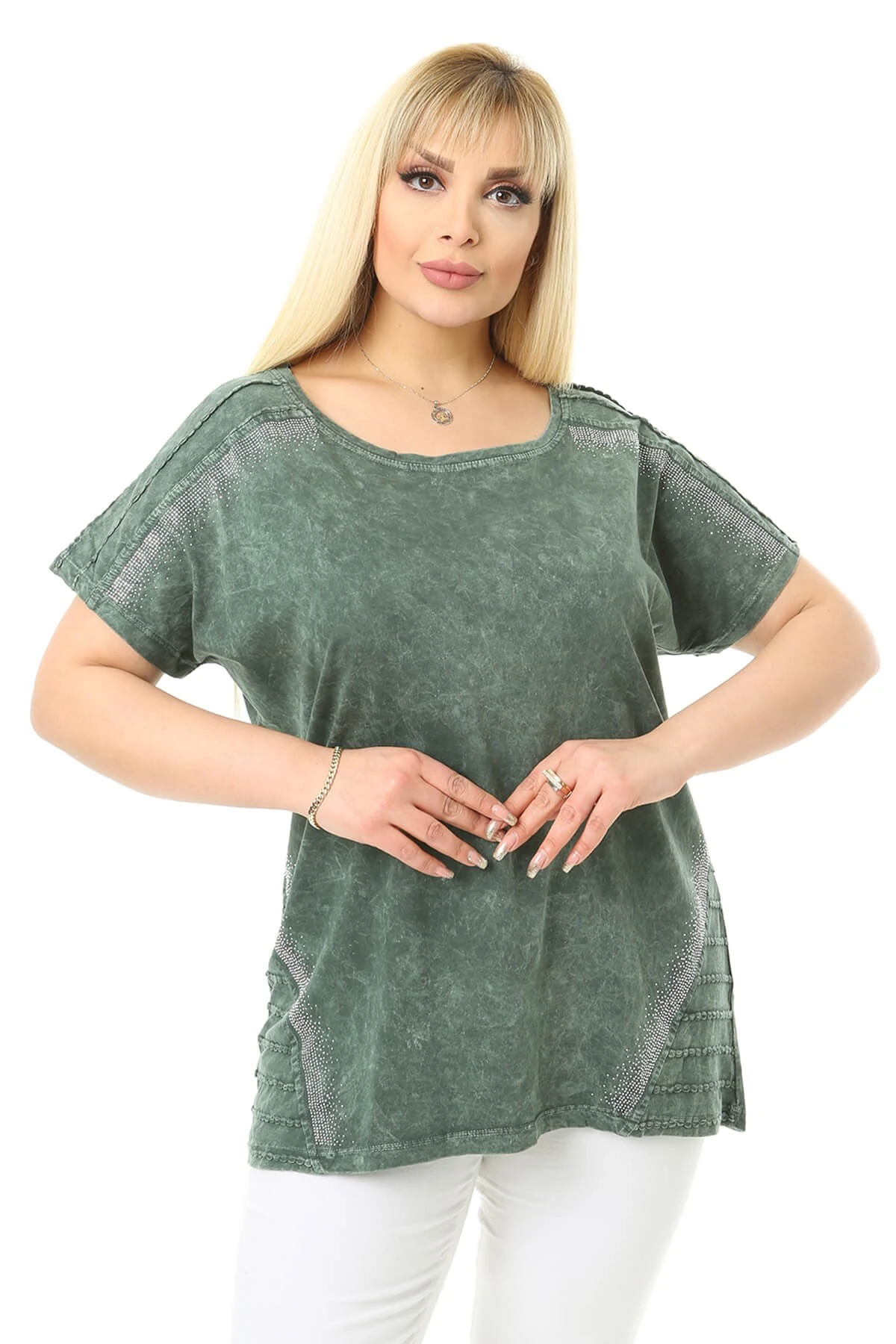 Büyük Beden Haki Yuvarlak Yaka Bluz