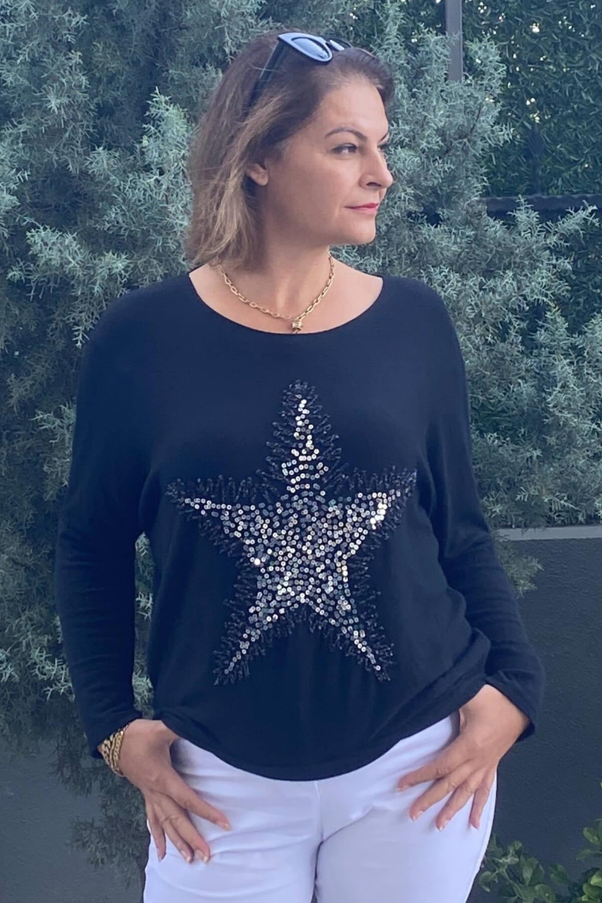 Kadın İtalyan Yıldız İşlmeli Siyah Bluz