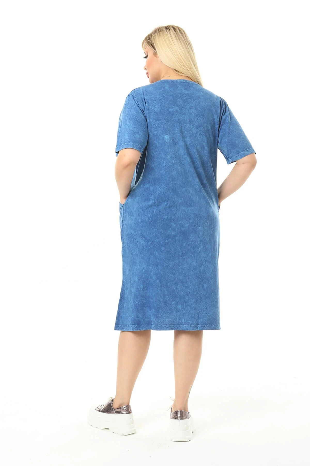 Büyük Beden Mavi Kelebek Taslı Elbise