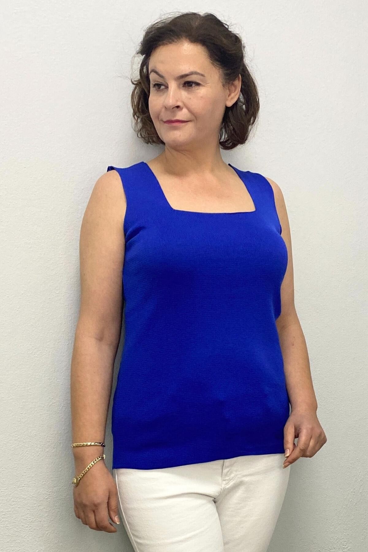 Büyük Beden Saks Mavi Kare Yaka Triko Bluz
