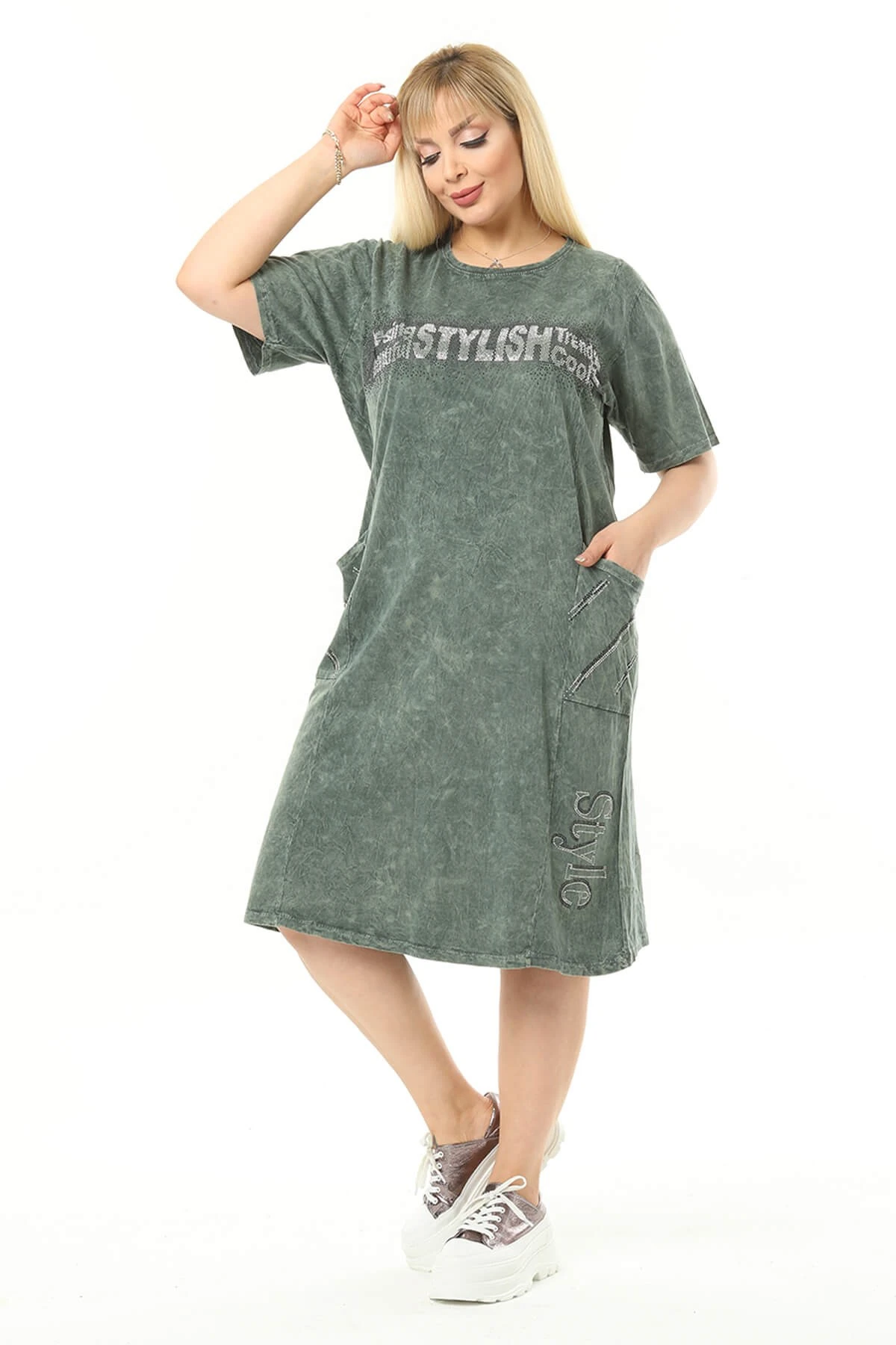 Büyük Beden Haki Küçük Taşlarla Süslenmiş Pamuklu Elbise