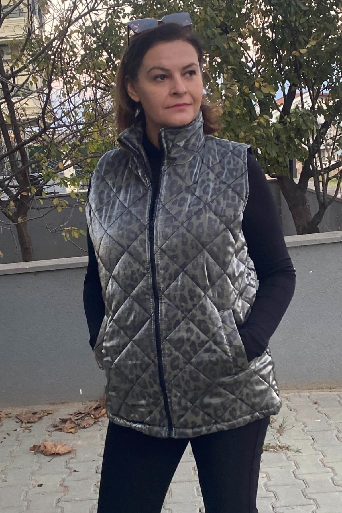 Büyük Beden Haki Leopar Deseli  Yelek