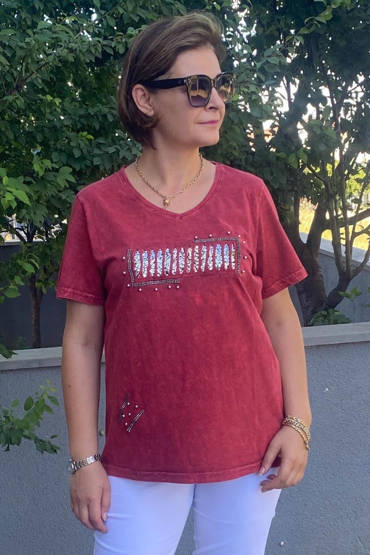 Büyük Beden Bordo İtalyan Yıkamalı Pencere Detaylı Tshirt