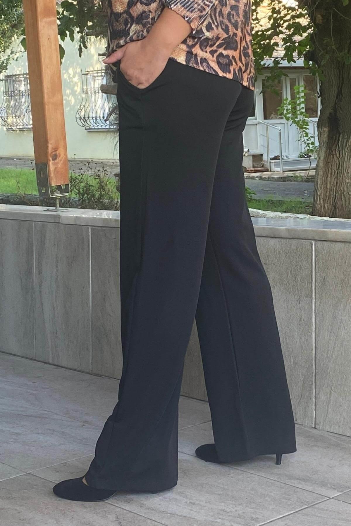 Kadın Siyah Krep Korsaj Bol  Paca Toparlaycı Pantolon