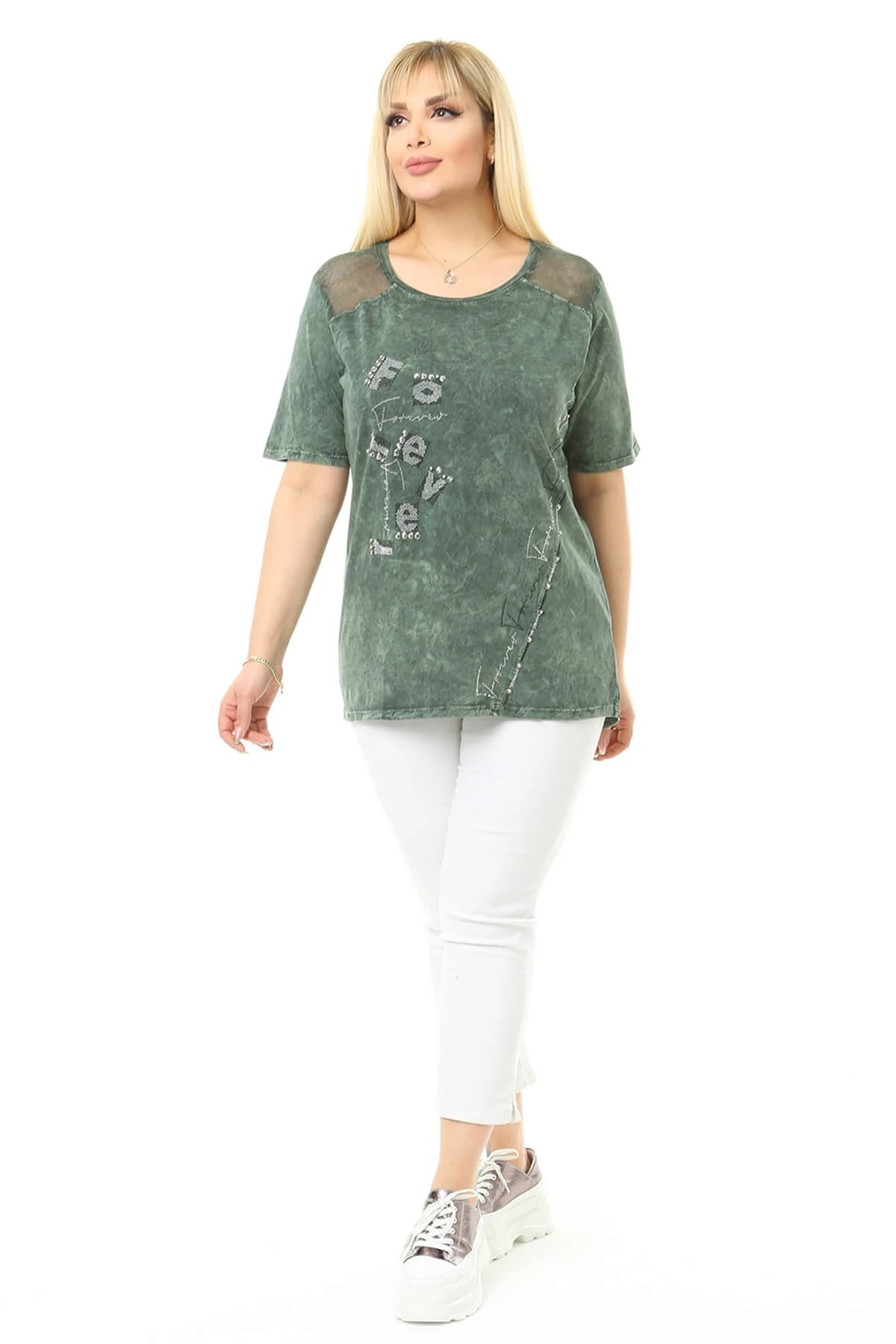 Büyük Beden Haki Omuzları File Detaylı Bluz