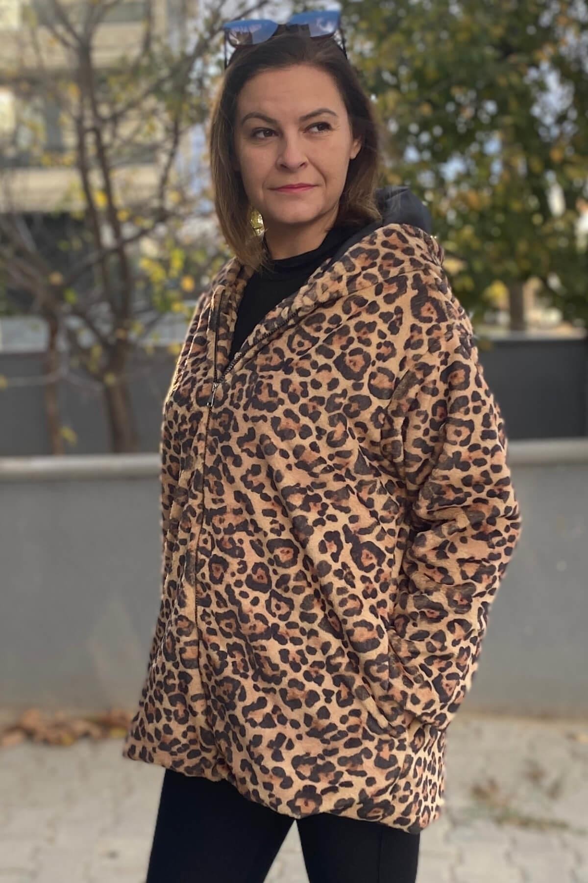 Büyük Beden Camel Leopar Deseli  Ceket