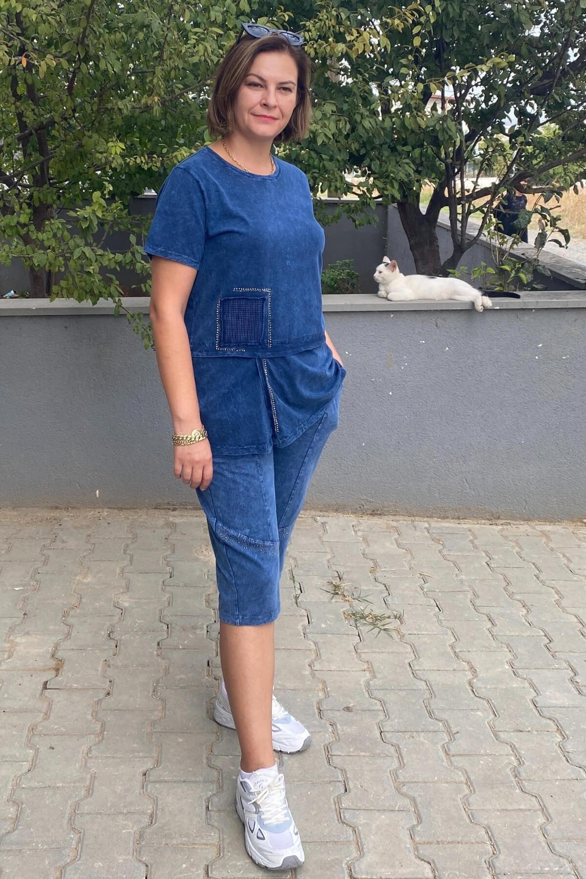 Büyük Beden Lacivert  Zümrüt Kapri Takım