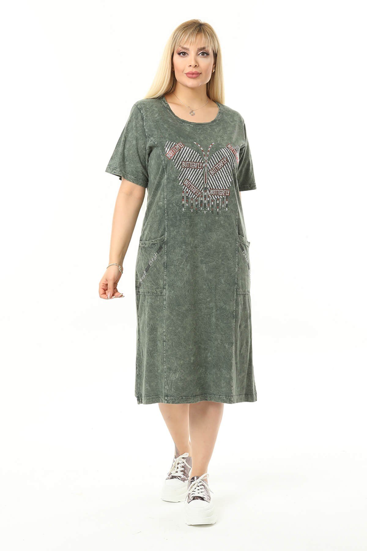 Büyük Beden Haki Kelebek Taslı Elbise