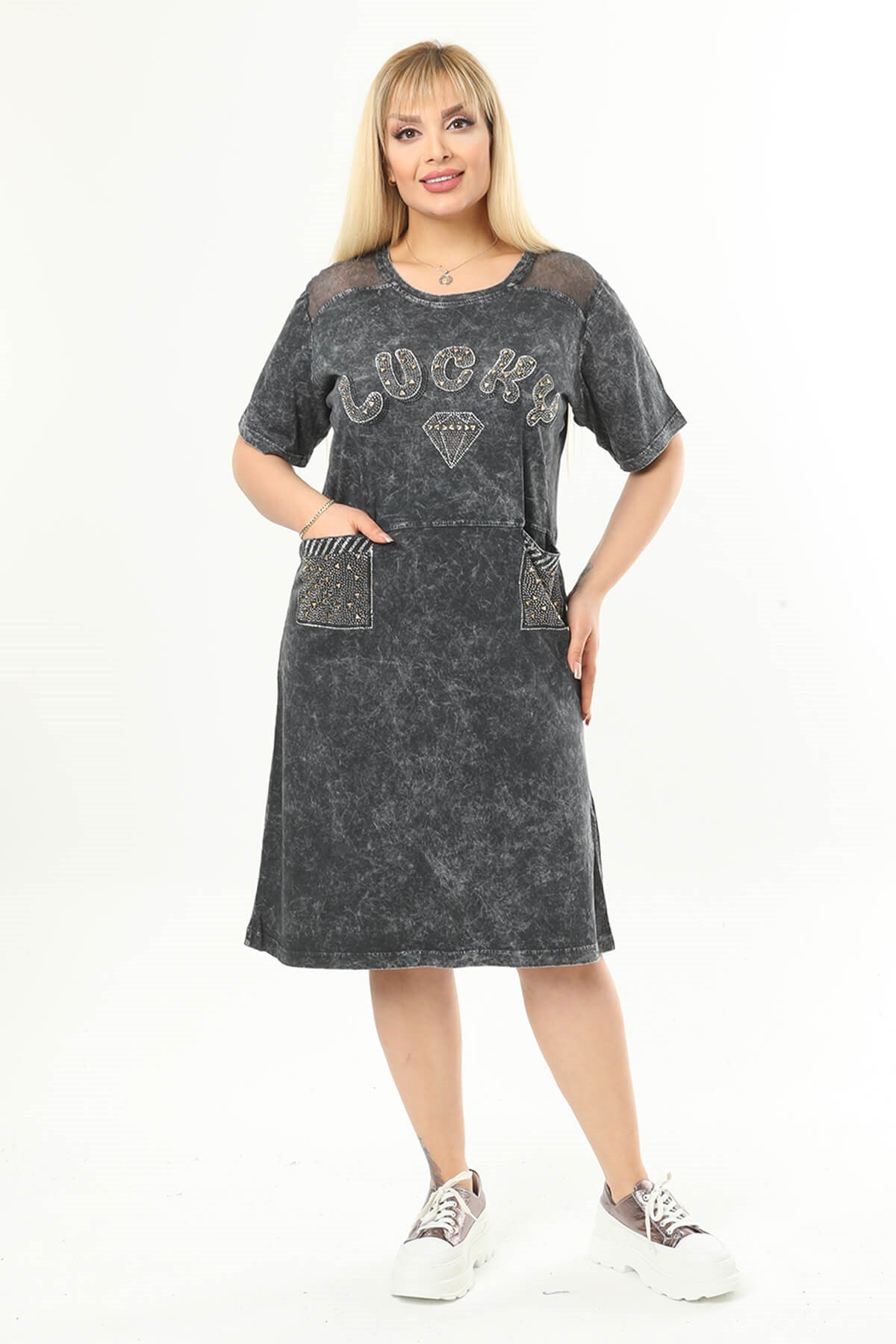 Büyük Beden Füme Omuzları File Detaylı Elbise