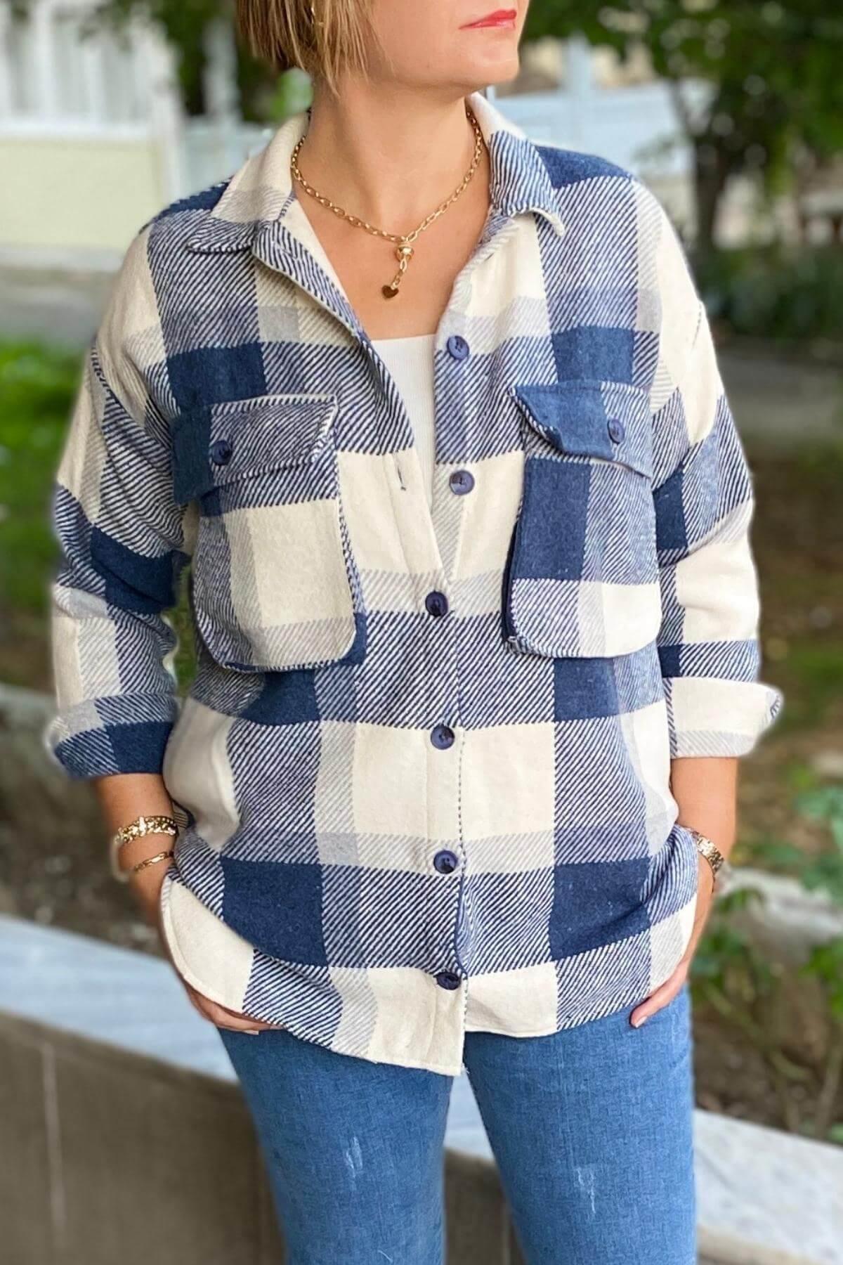 Kadın Lacivert Oduncu Gömlek Ceket