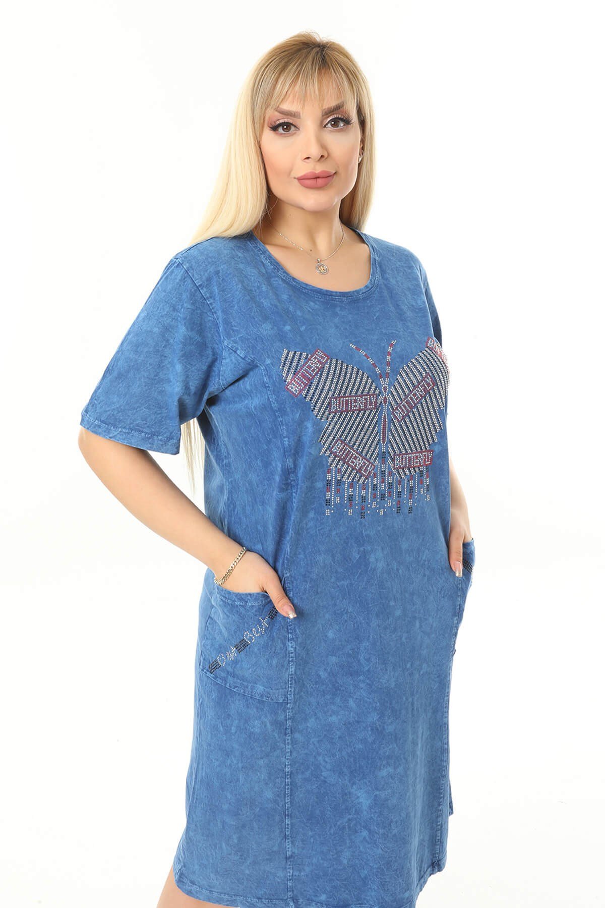 Büyük Beden Mavi Kelebek Taslı Elbise