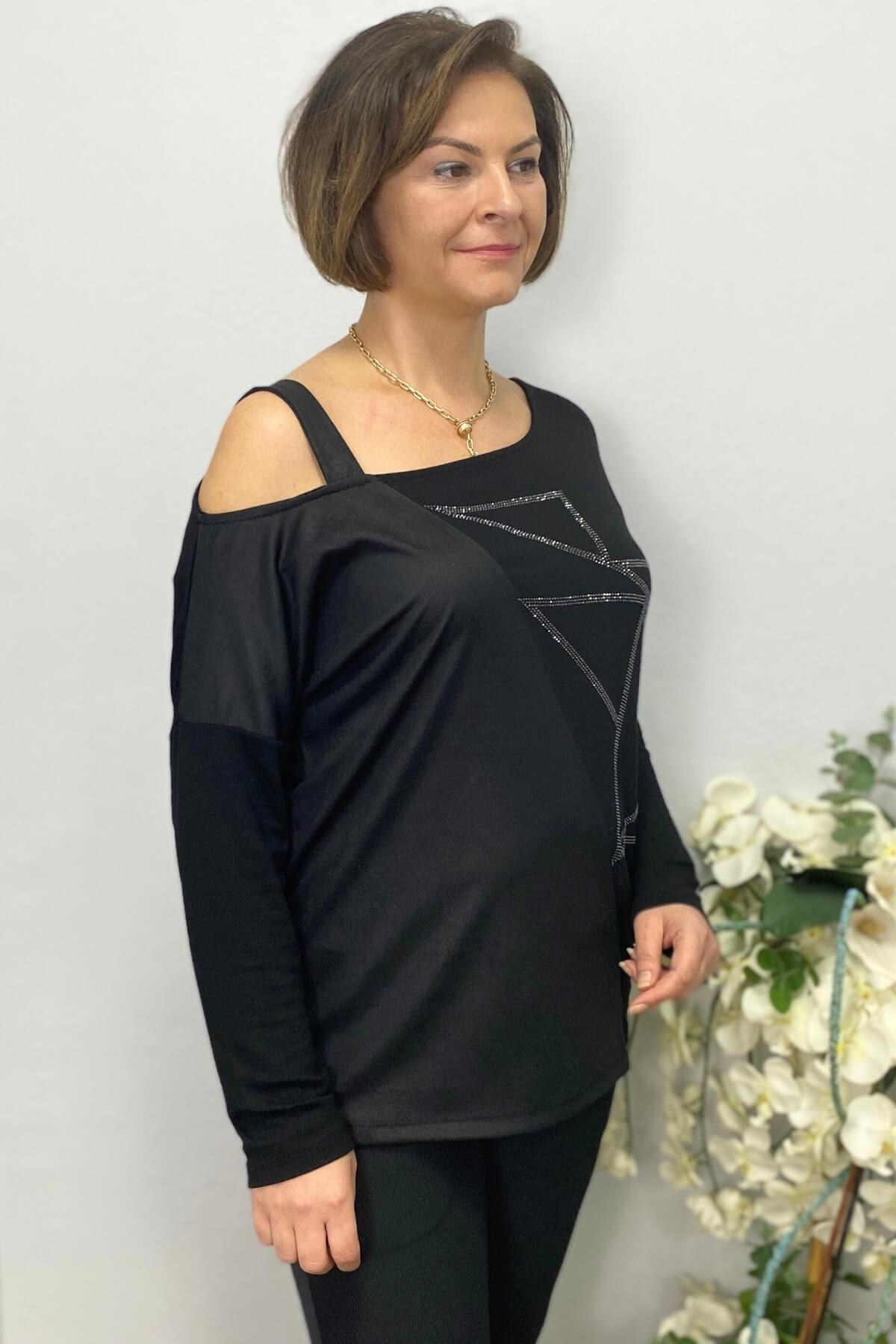 Kadın Siyah Tek Omuz Asimetrik Taş Detaylı Bluz