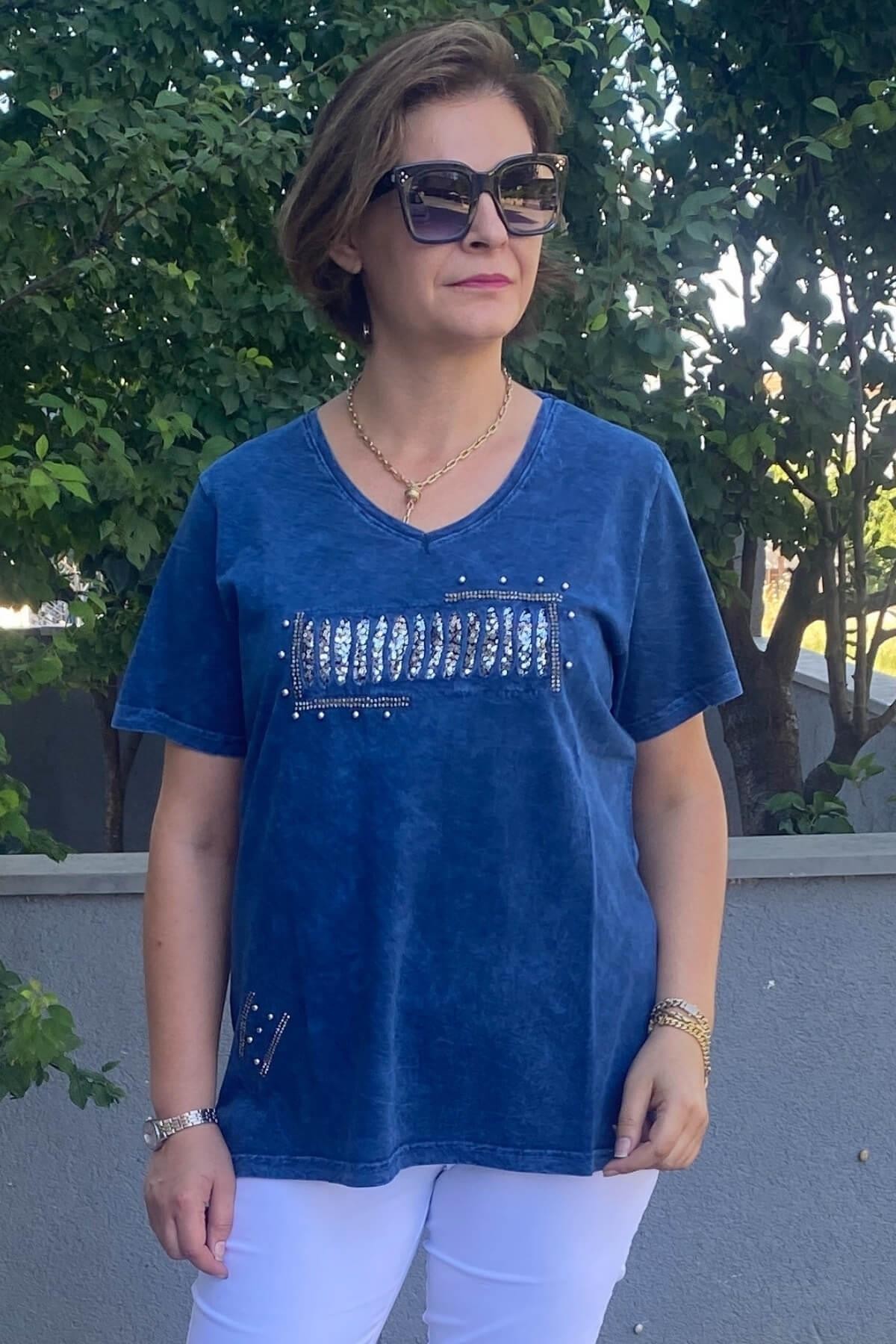 Büyük Beden Lacivert İtalyan Yıkamalı Pencere Detaylı Tshirt