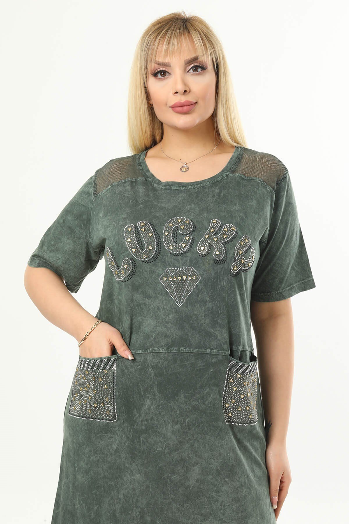 Büyük Beden Haki Omuzları File Detaylı Elbise