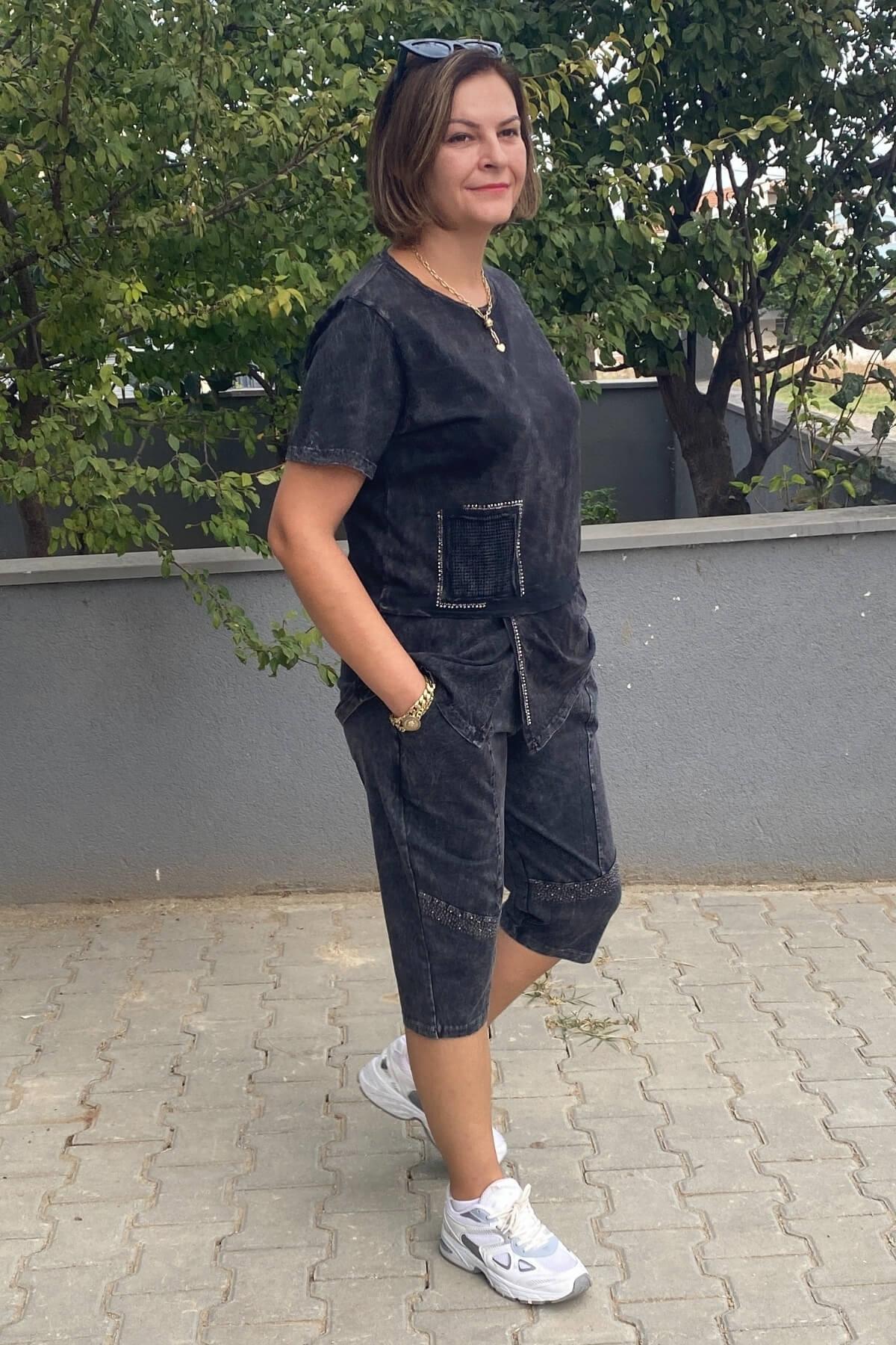 Büyük Beden Siyah Zümrüt Kapri Takım