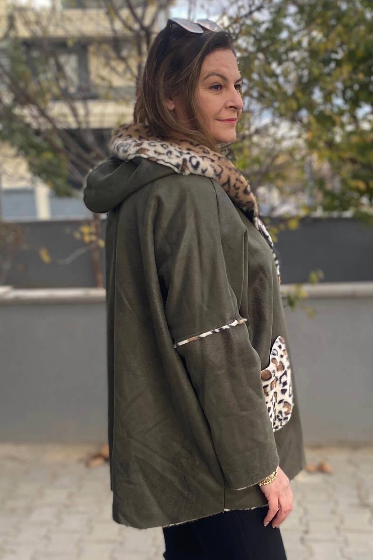 Kadın Haki İtalyan Leopar Desenli Kısa Kaban