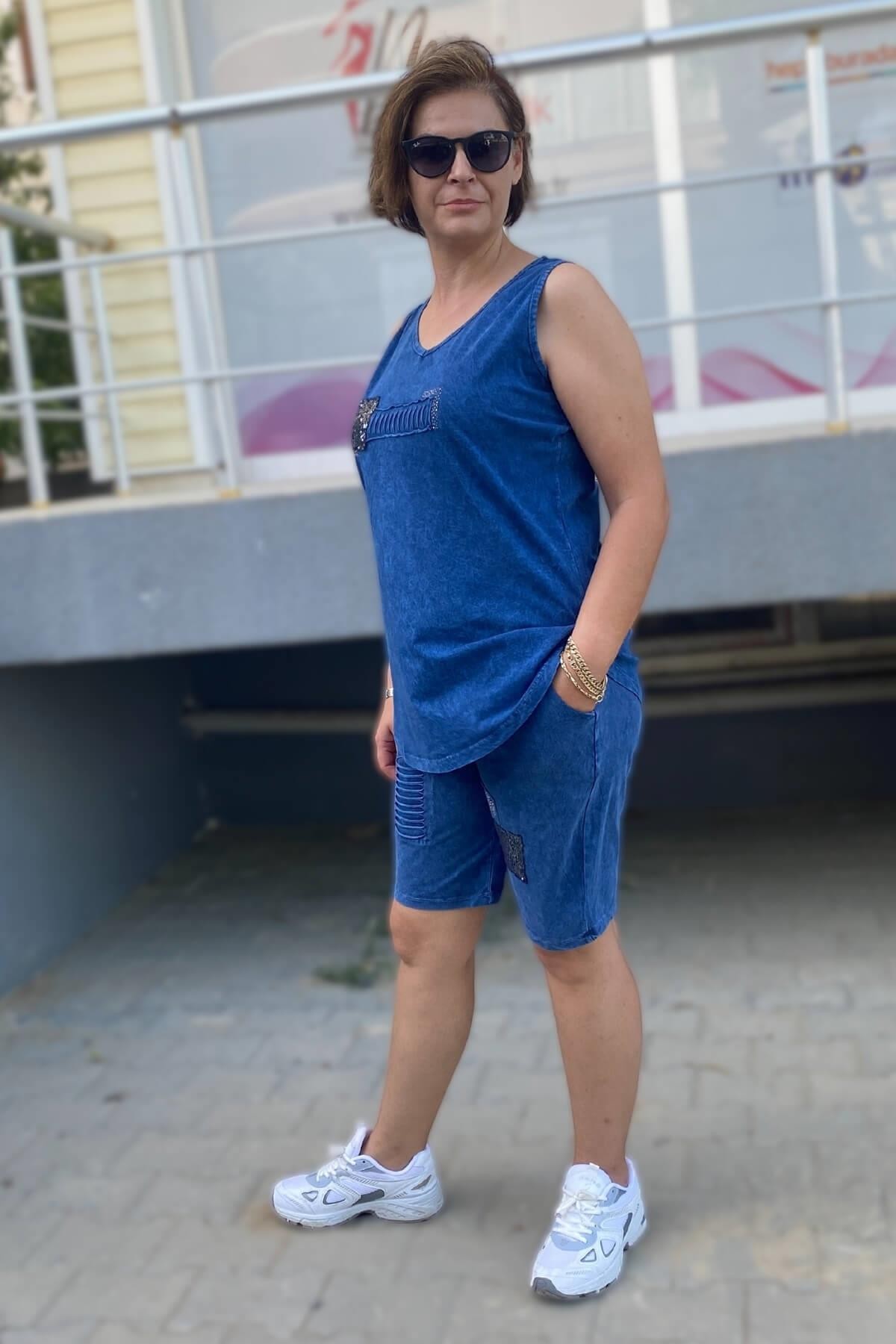 Büyük Beden Lacivert Gümüş Şort Takım