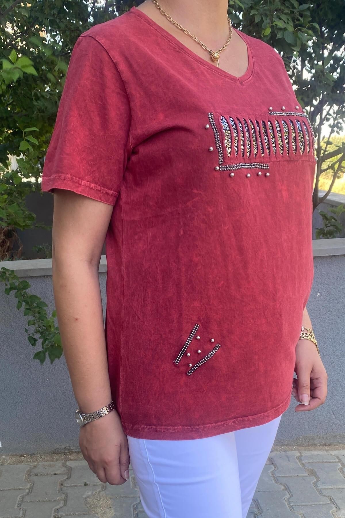 Büyük Beden Bordo İtalyan Yıkamalı Pencere Detaylı Tshirt