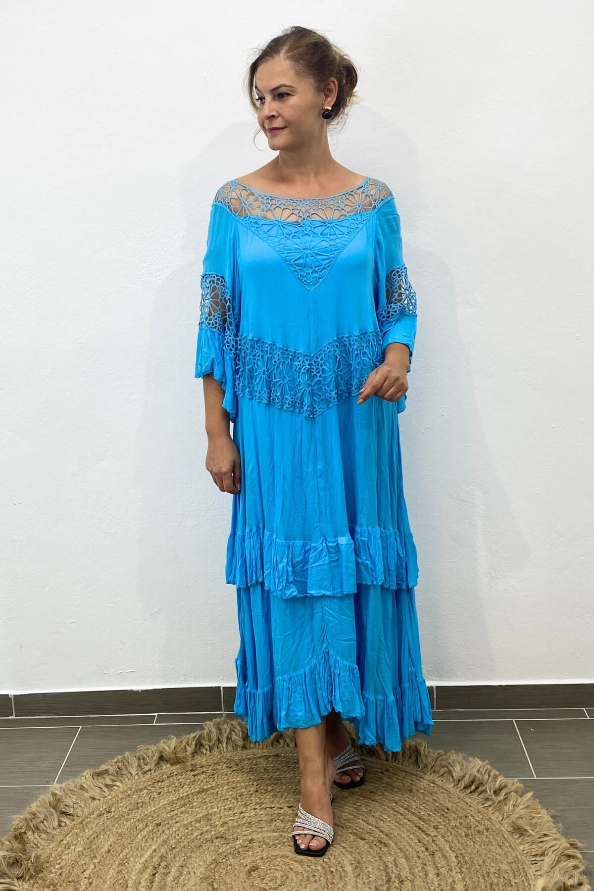 Kadın İtalyan Vual Pamuk Güpür Detaylı Mavi Elbise 