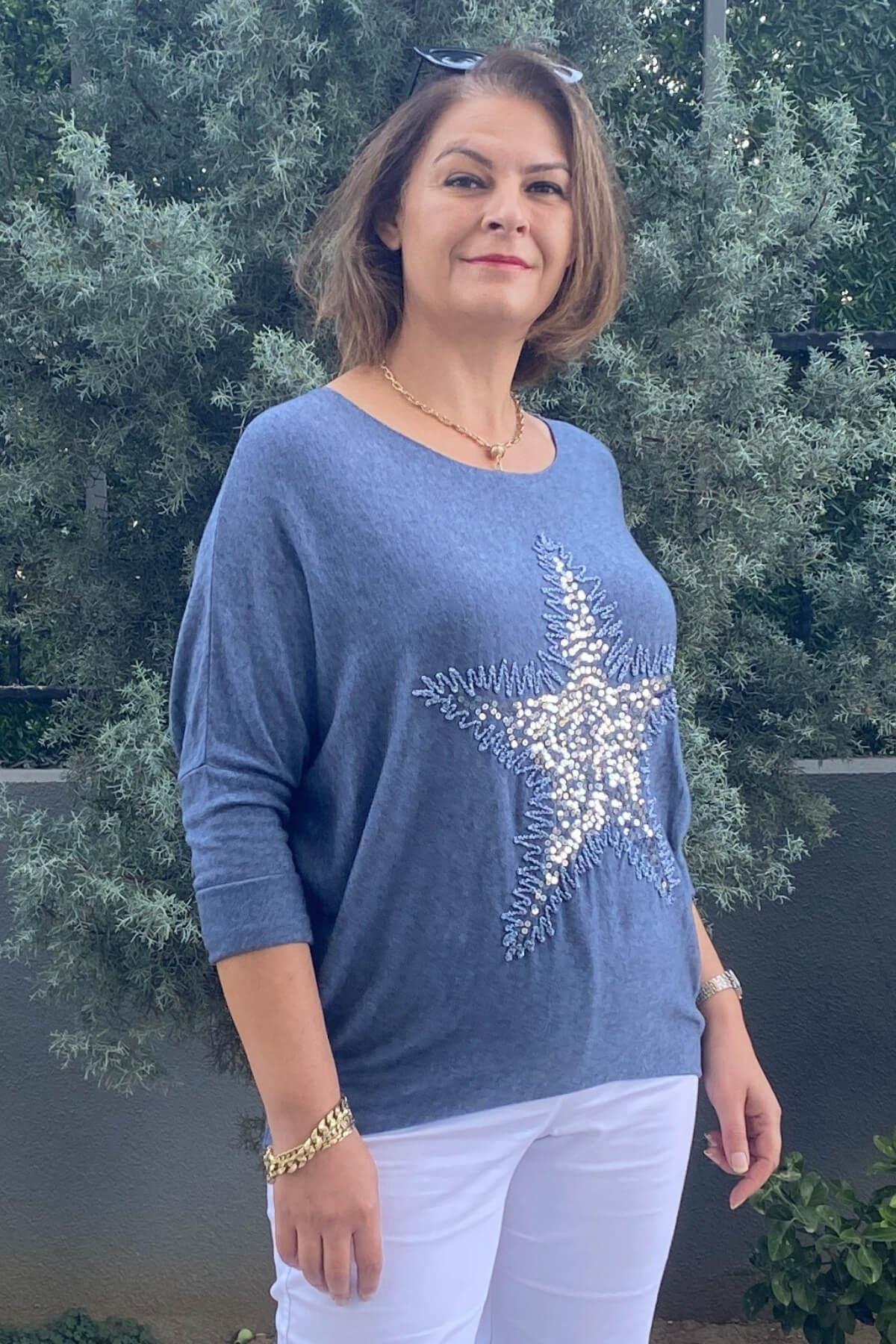 Kadın İtalyan Yıldız İşlmeli Mavi Bluz