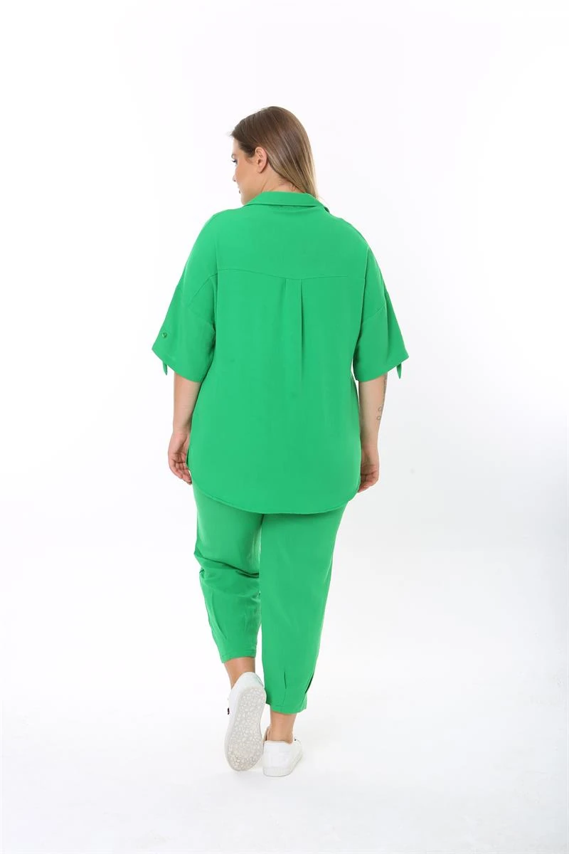 Büyük Beden Yeşil Paçaları Pens Detaylı Takım