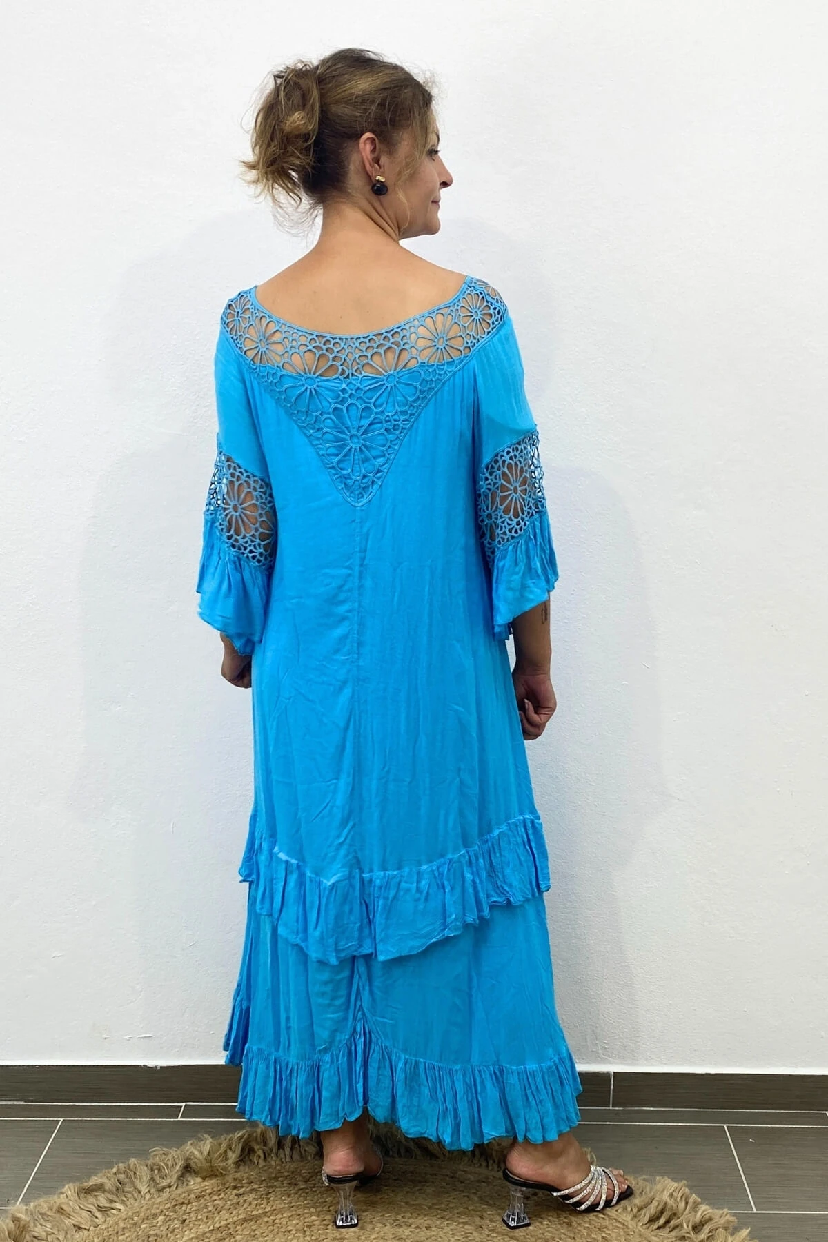 Kadın İtalyan Vual Pamuk Güpür Detaylı Mavi Elbise 