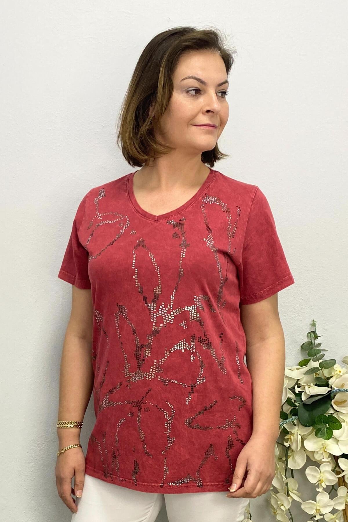 Kadın Bordo Kabartma Varak Baskılı Bluz