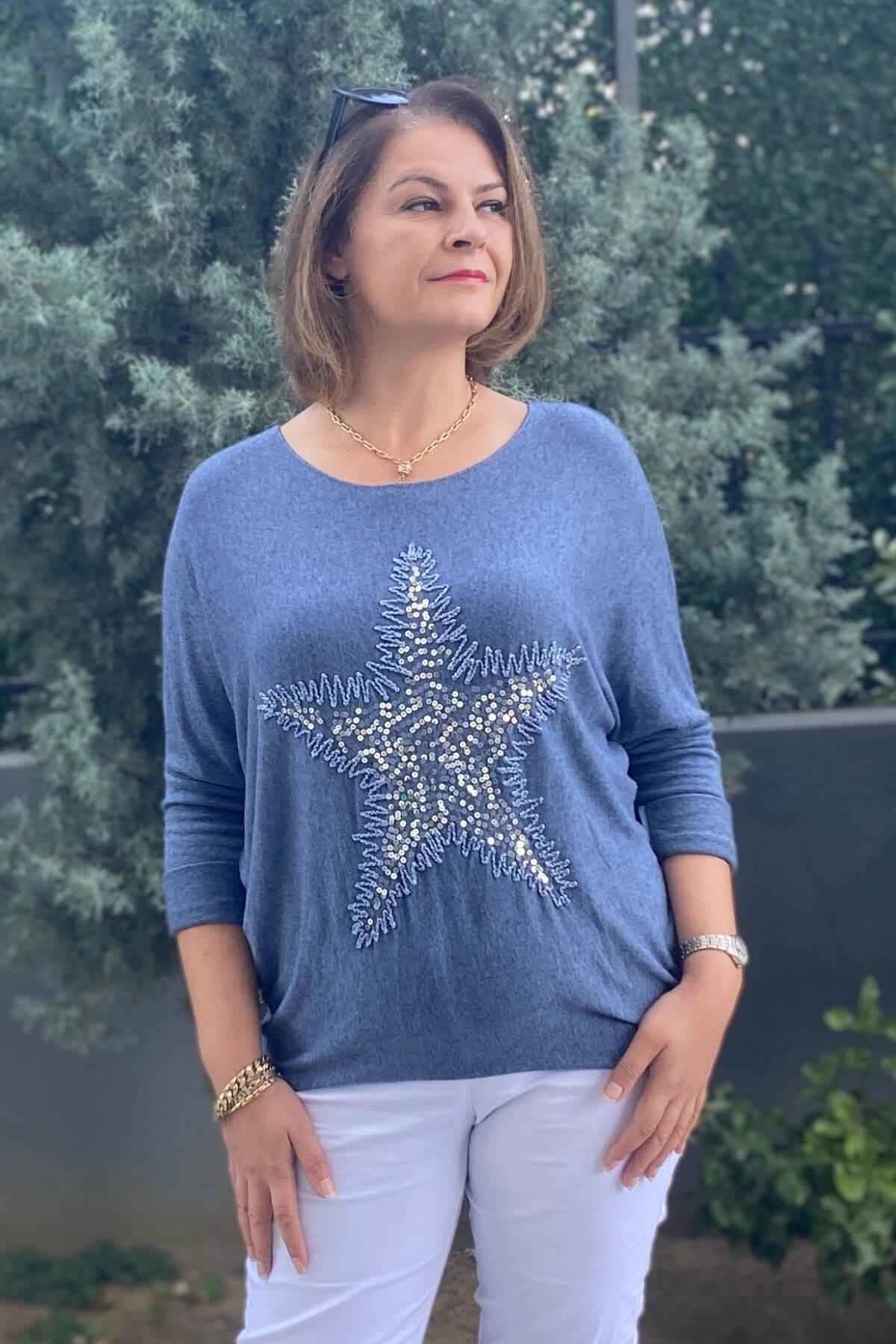 Kadın İtalyan Yıldız İşlmeli Mavi Bluz