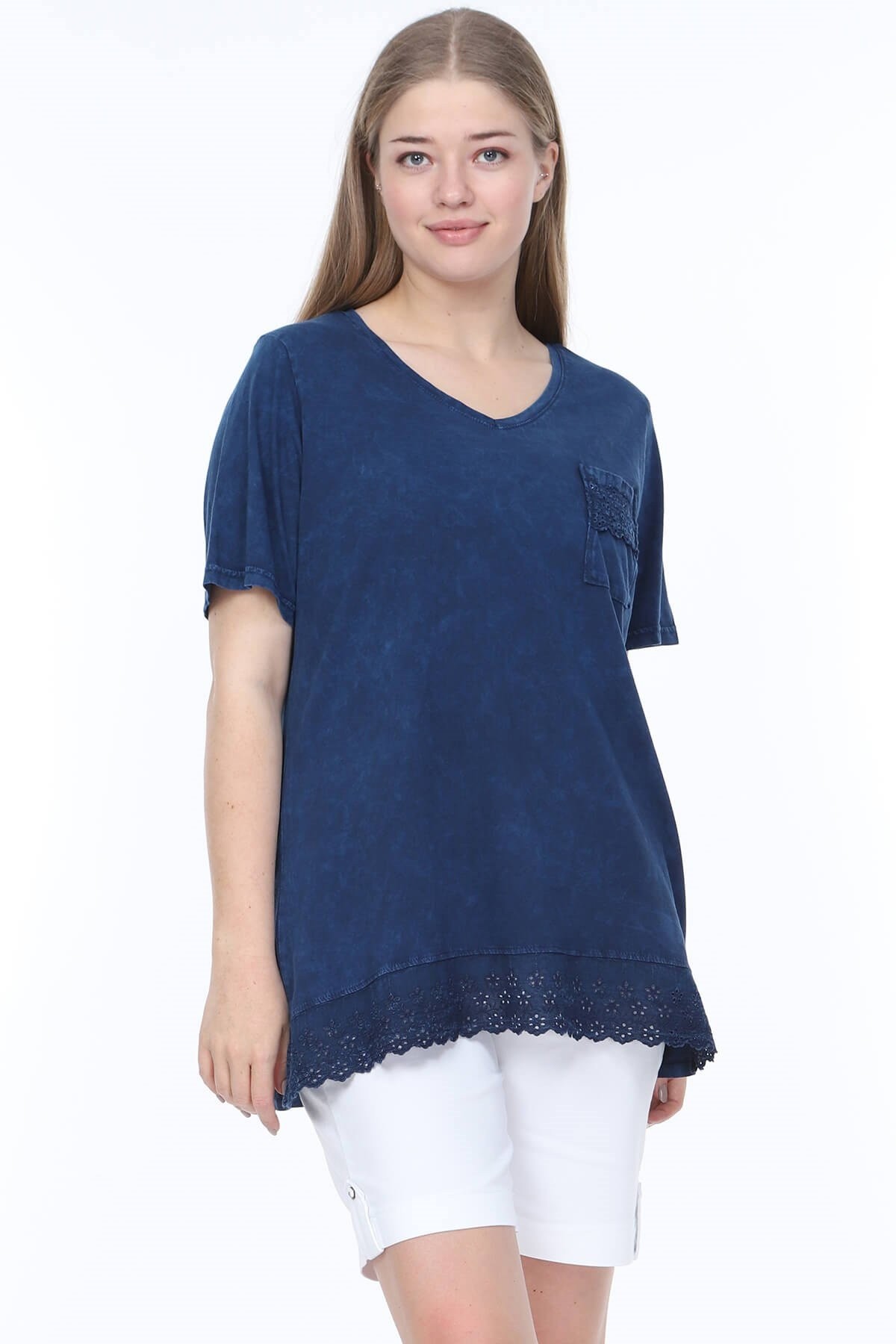 Büyük Beden İtalyan Yıkamalı Lacivert Cepli Tshirt